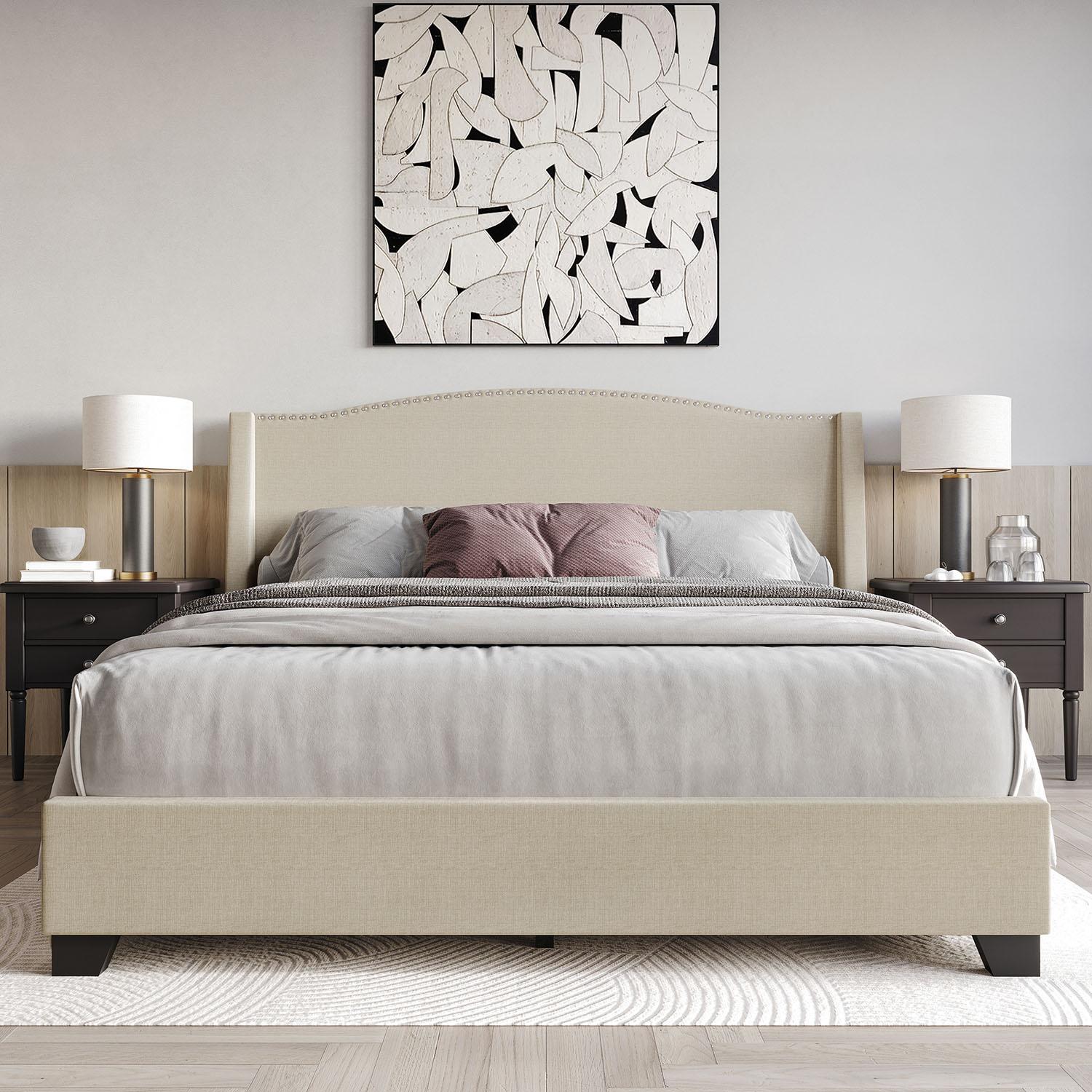 ChaletPosh Full Size Platform Bed with Storage Beige Linen