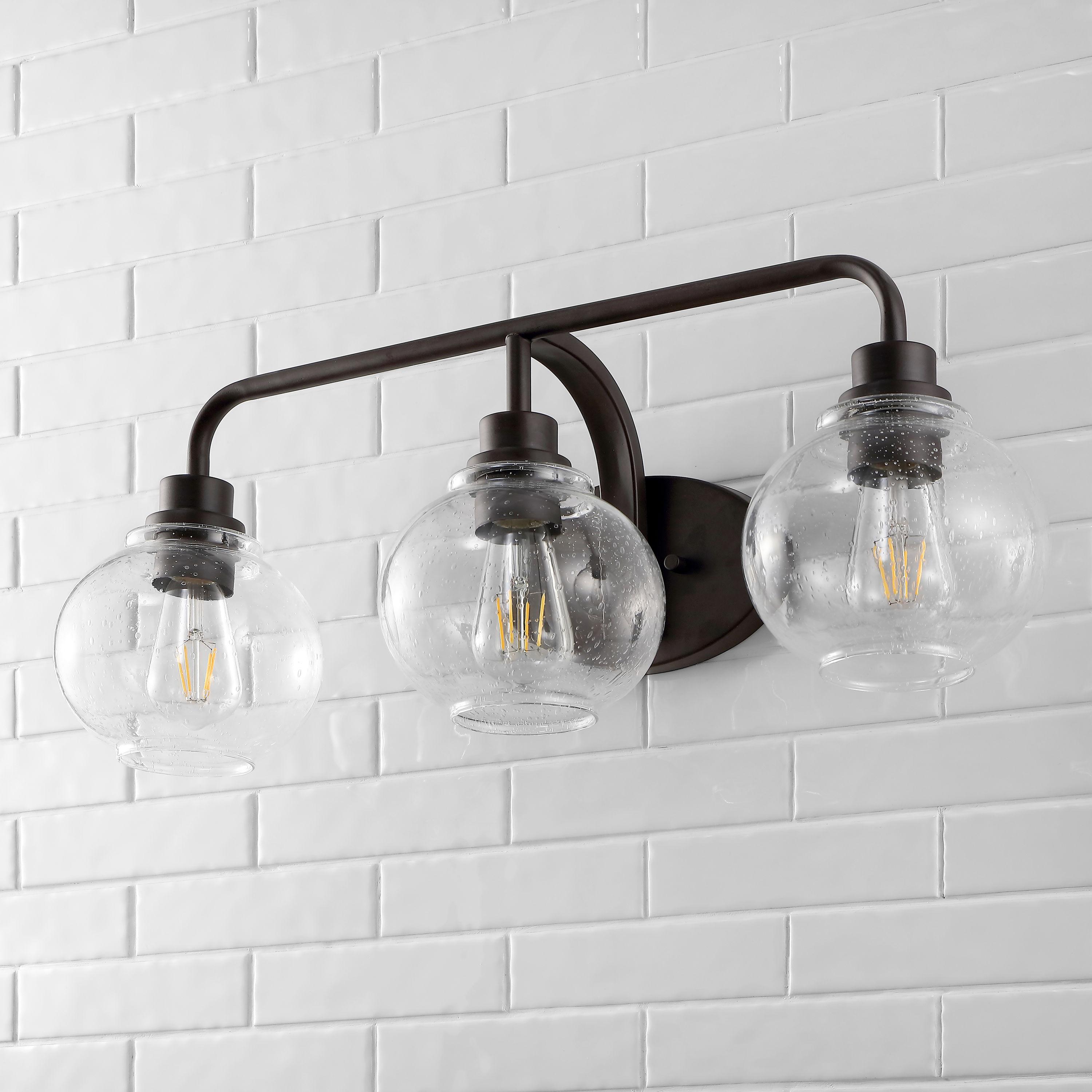 JONATHAN Y Sandrine 26.25" 3-Light Iron/Seeded Glass Cottage Rustic LED Vanity Light, Oil Rubbed Bronze
