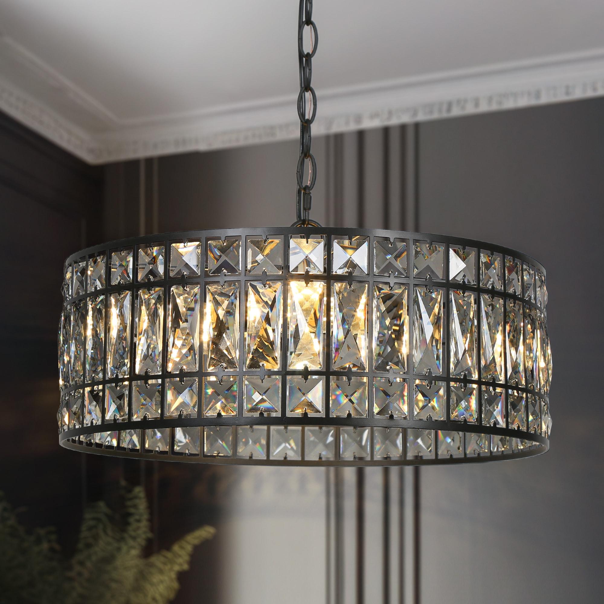 LNC Chispa 3-Light Matte Black Drum LED Dry Rated Chandelier: UL Listed, Adjustable Height, Crystal Decor