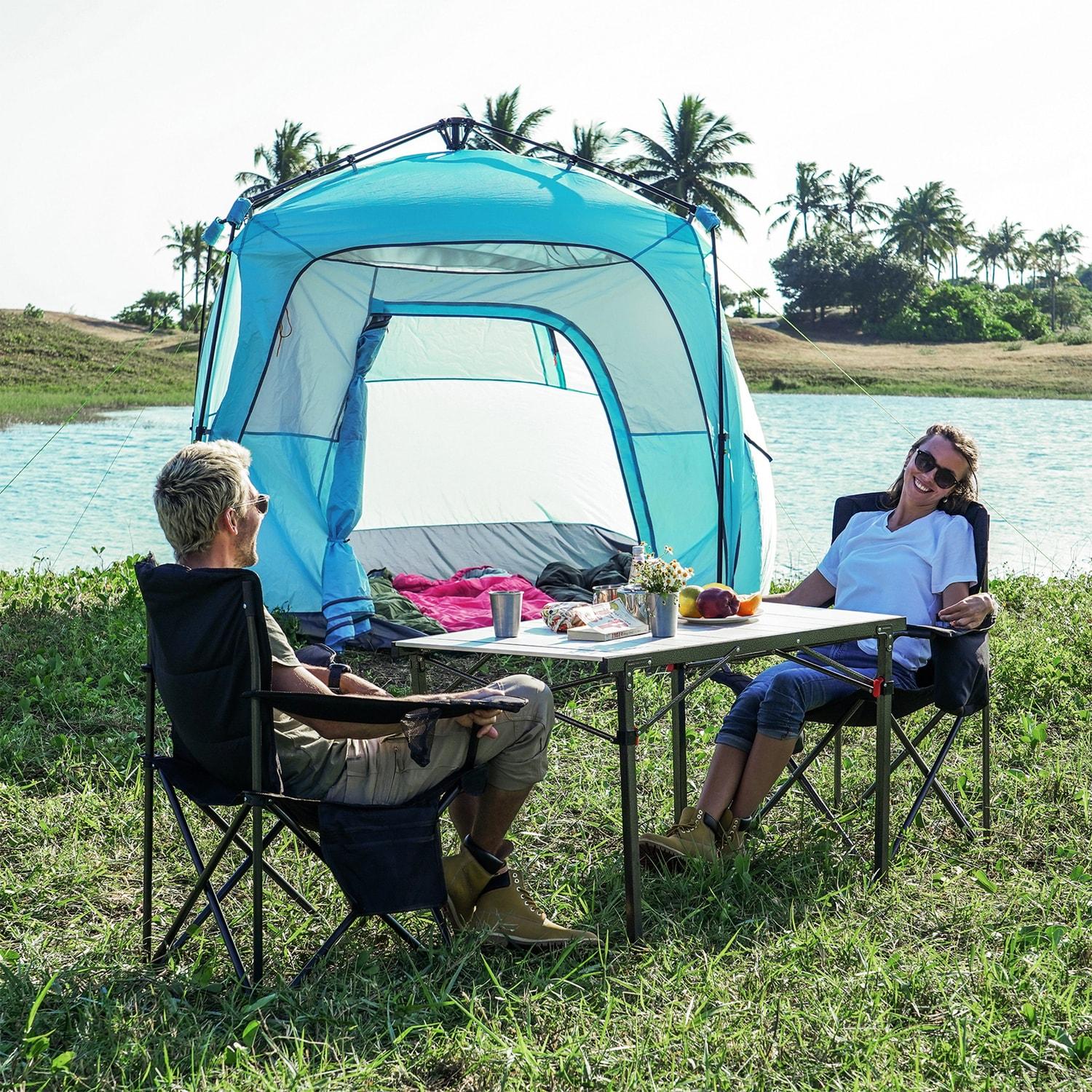 KingCamp Padded Folding Lounge Chairs with Built In Cupholder, Insulated Cooler Sleeve, and Side Storage Pocket for Indoor and Outdoors, 2 Packs, Blue