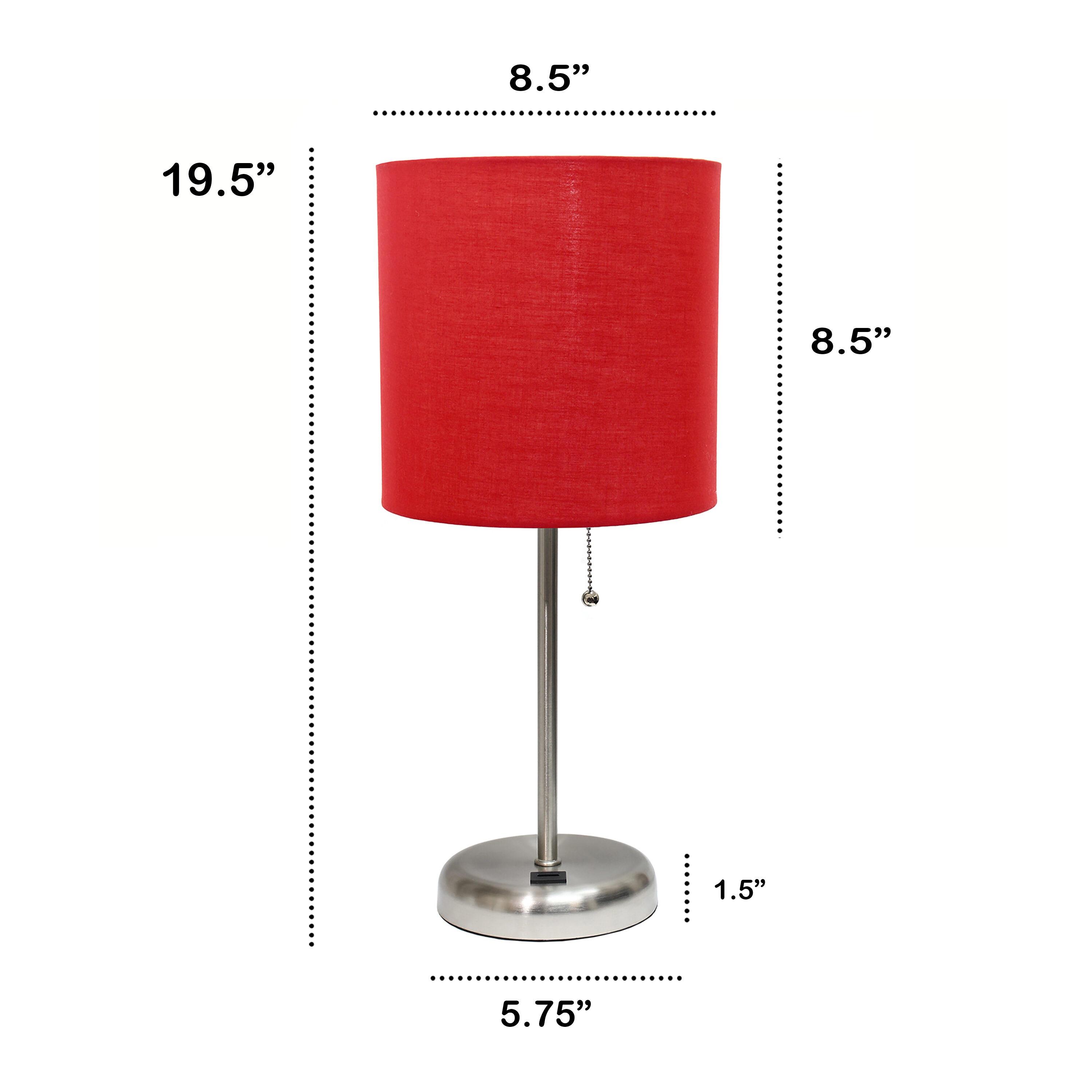 Creekwood Home 19.5" Bedside USB Port Feature Metal Table Desk Lamp Brushed Steel with Red Fabric Shade