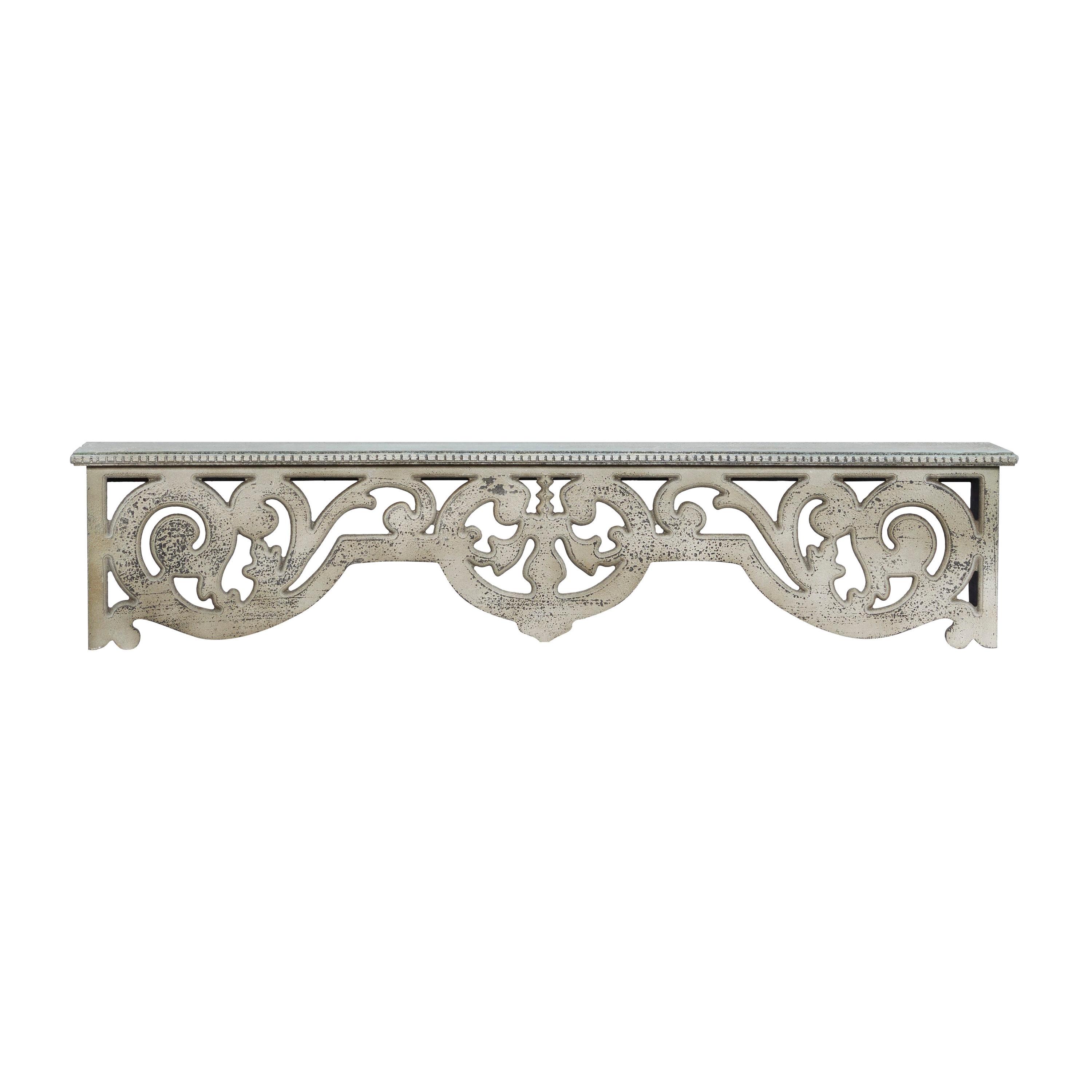 DecMode 48" x 8" 1-Tier Beige Scroll Wall Shelf with Gray Distressing