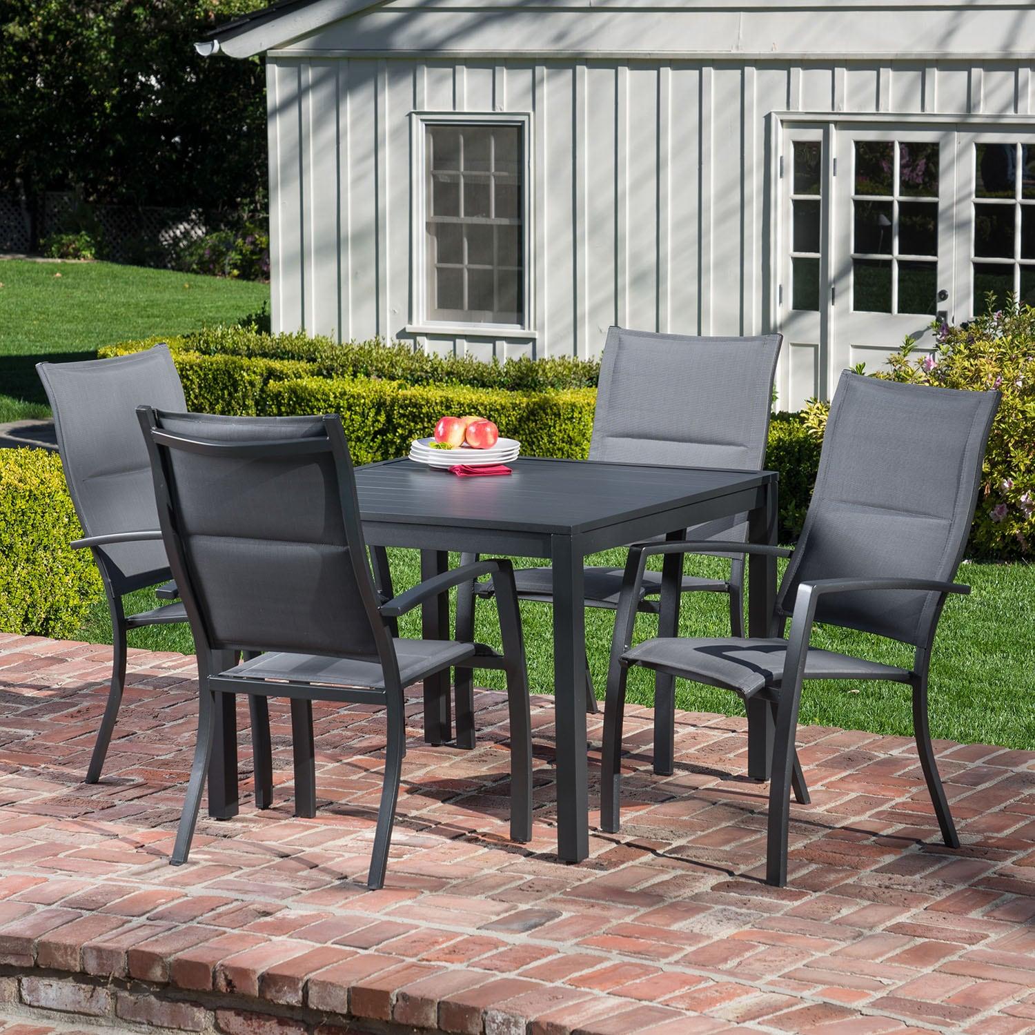 Hanover Naples 5-Piece Outdoor Dining Set with 4 Padded Sling Chairs and a 38" Square Dining Table