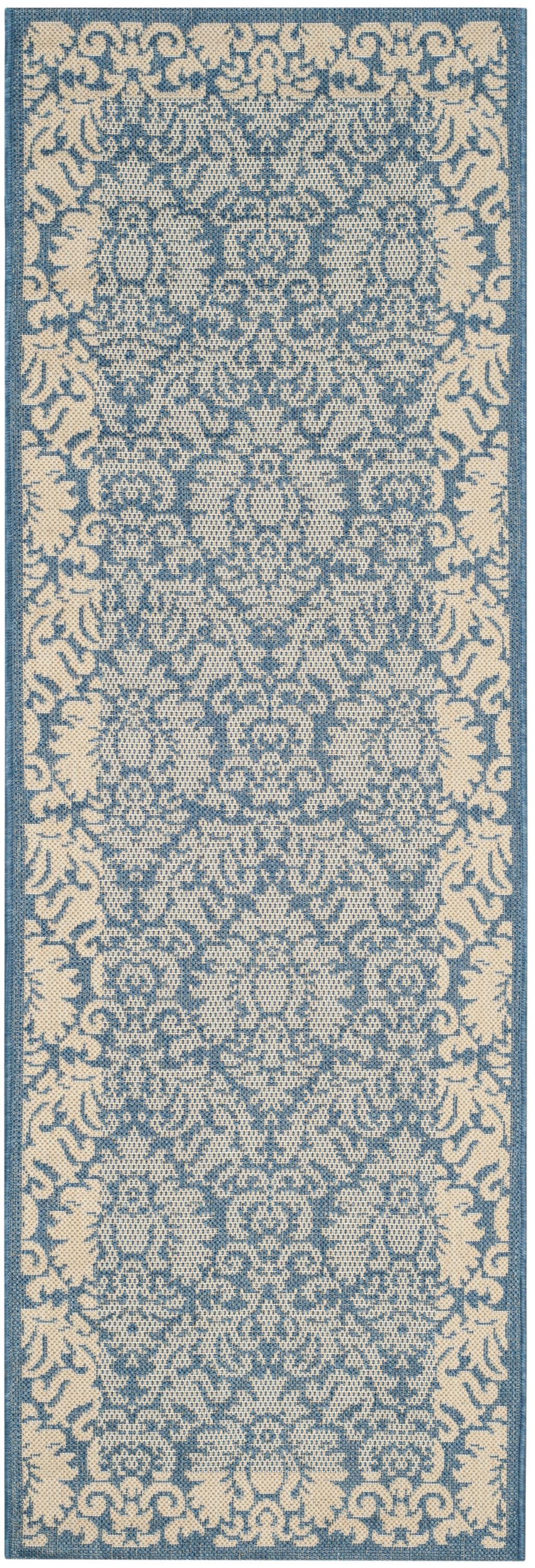 SAFAVIEH Courtyard Dani Damask Bordered Indoor/Outdoor Runner Rug, 2'3" x 12', Blue/Natural