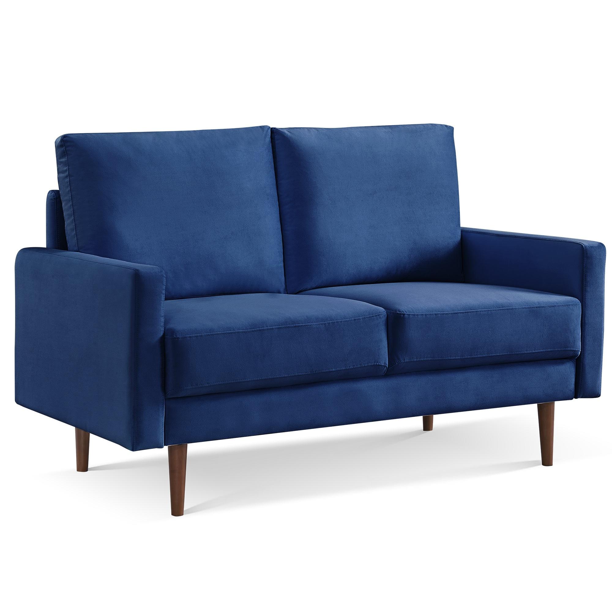 57 Inch Wide Upholstered Two Cushion Loveseat with Square Arms in Blue Velvet