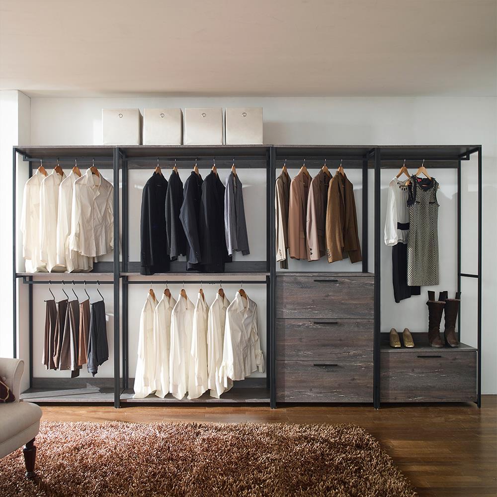 AndMakers Monica Farmhouse Industrial Wood Walk-in Closet with Two Shelves in Rustic Gray