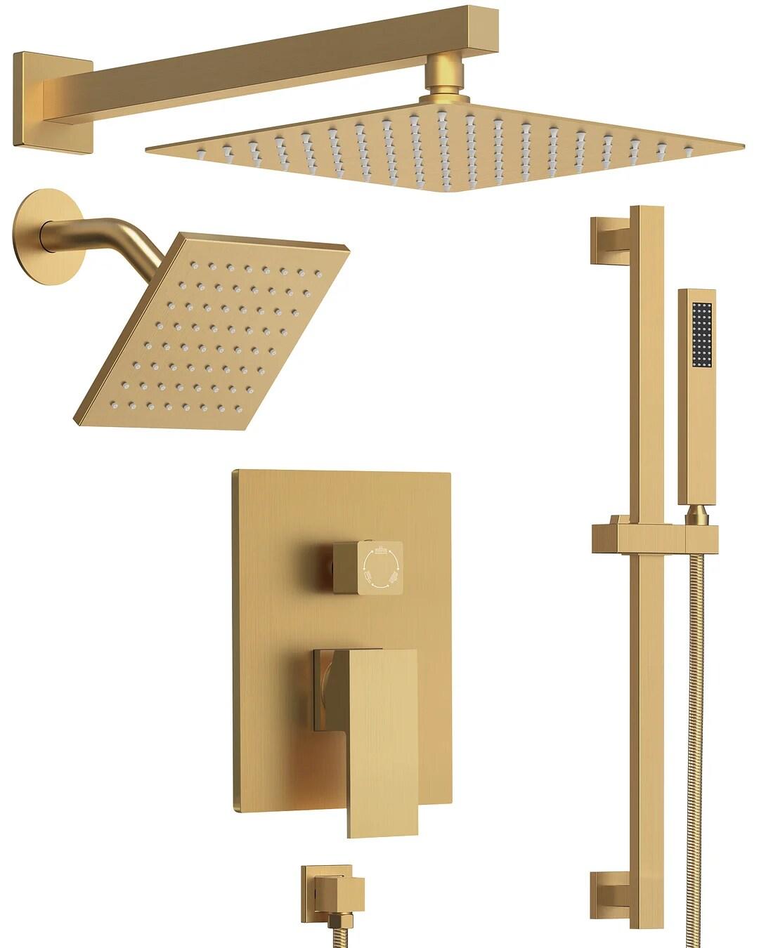 GRANDJOY Complete Shower System, 10" and 6" Dual Wall Mount Rain Shower Faucets with Handheld Shower Spray, High Pressure in Brushed Gold