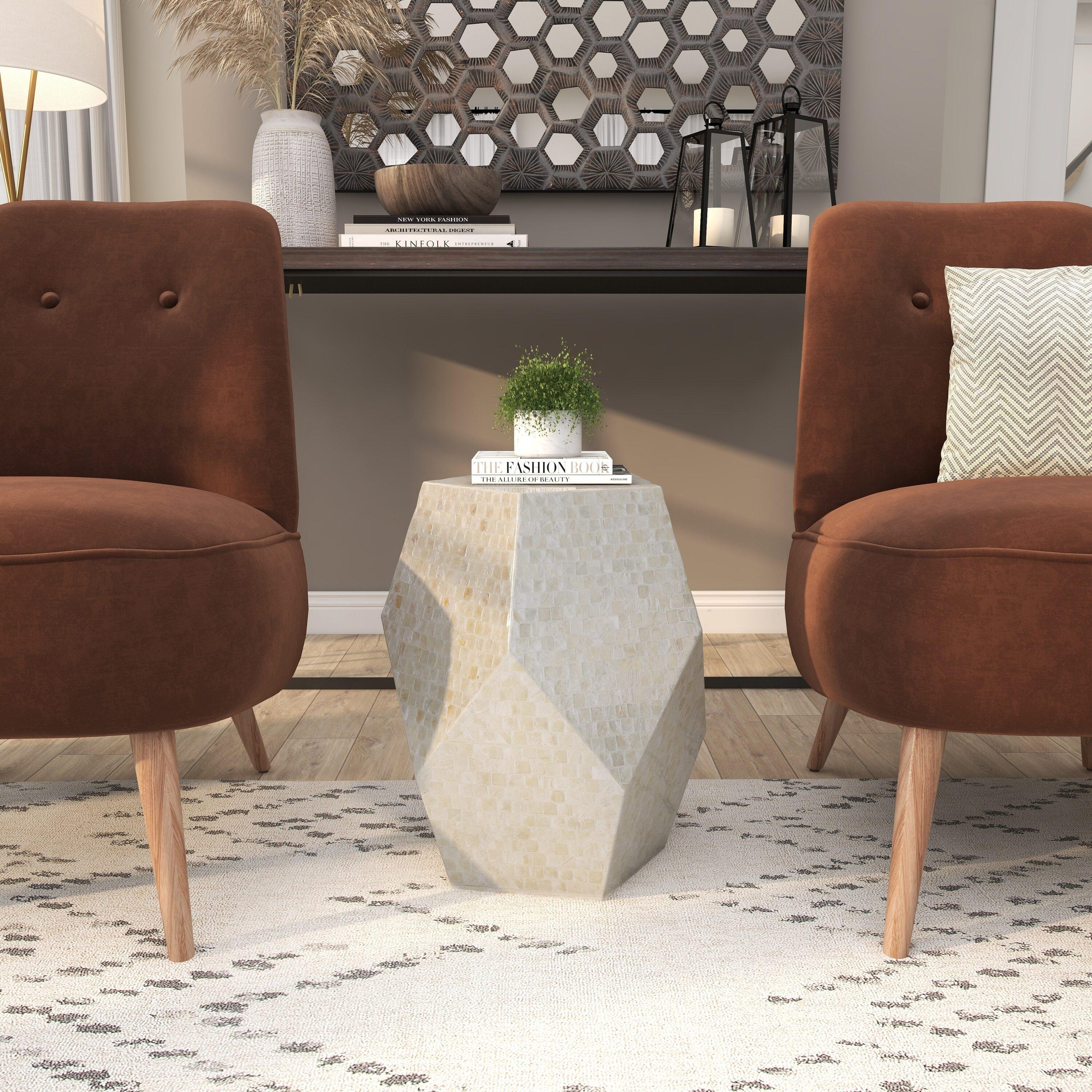 Olivia & May Contemporary Mussel Shells and Wood Accent Table Dark Gray: Hexagonal Wooden Pedestal, No Assembly Required