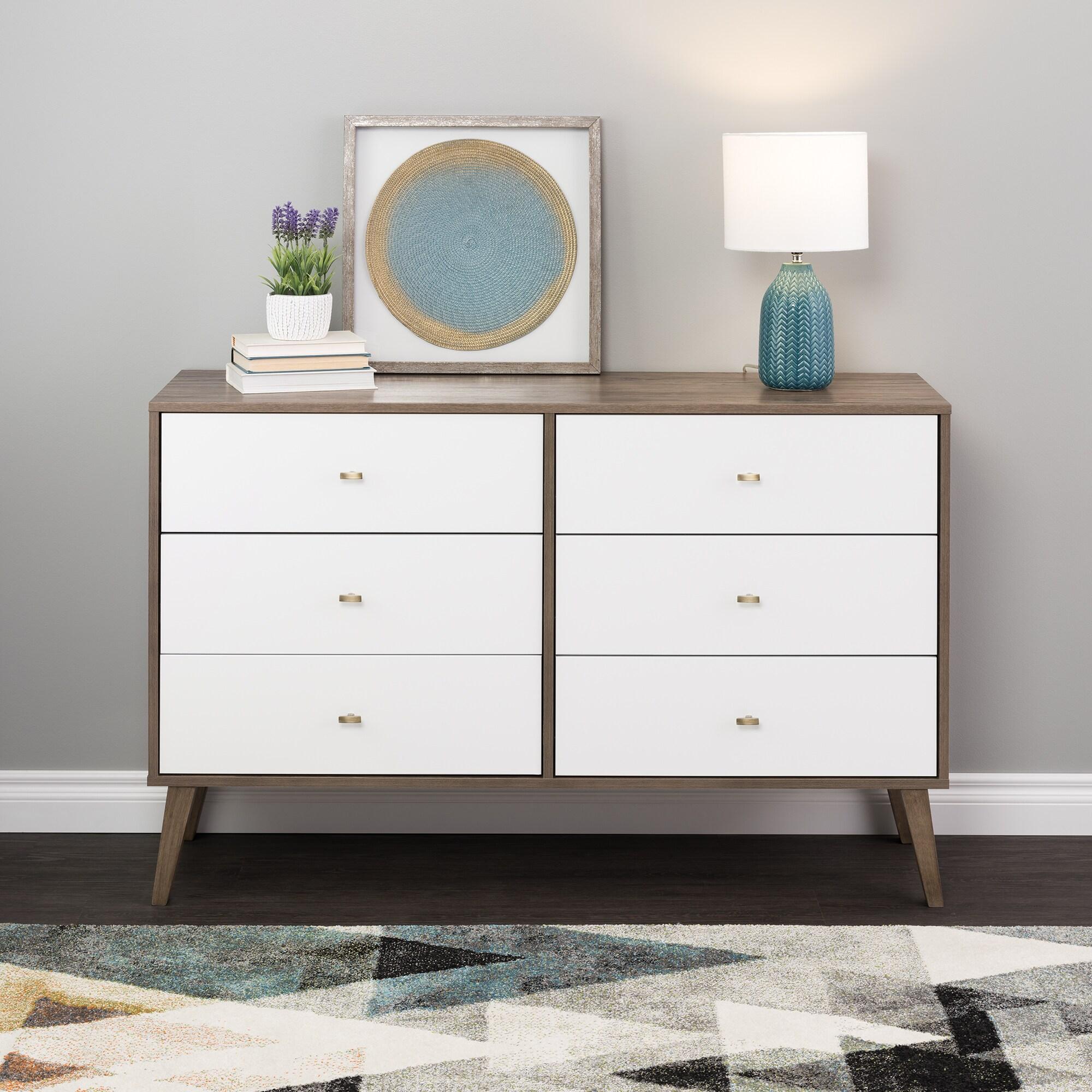 Milo Mid-Century Modern 6 Drawers Dresser Drifted Gray/White - Prepac