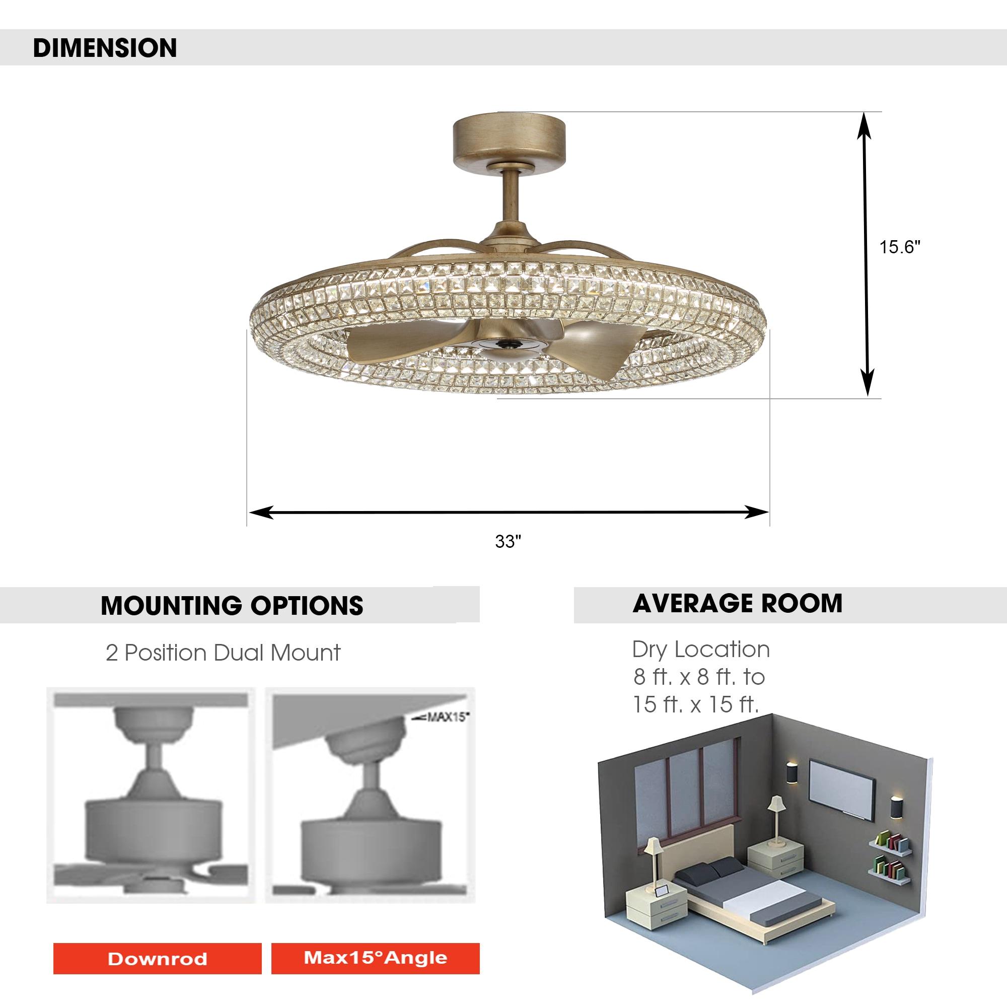 Parrot Uncle 33-in Antique Bronze 3-Blade Crystal LED Ceiling Fan with Remote