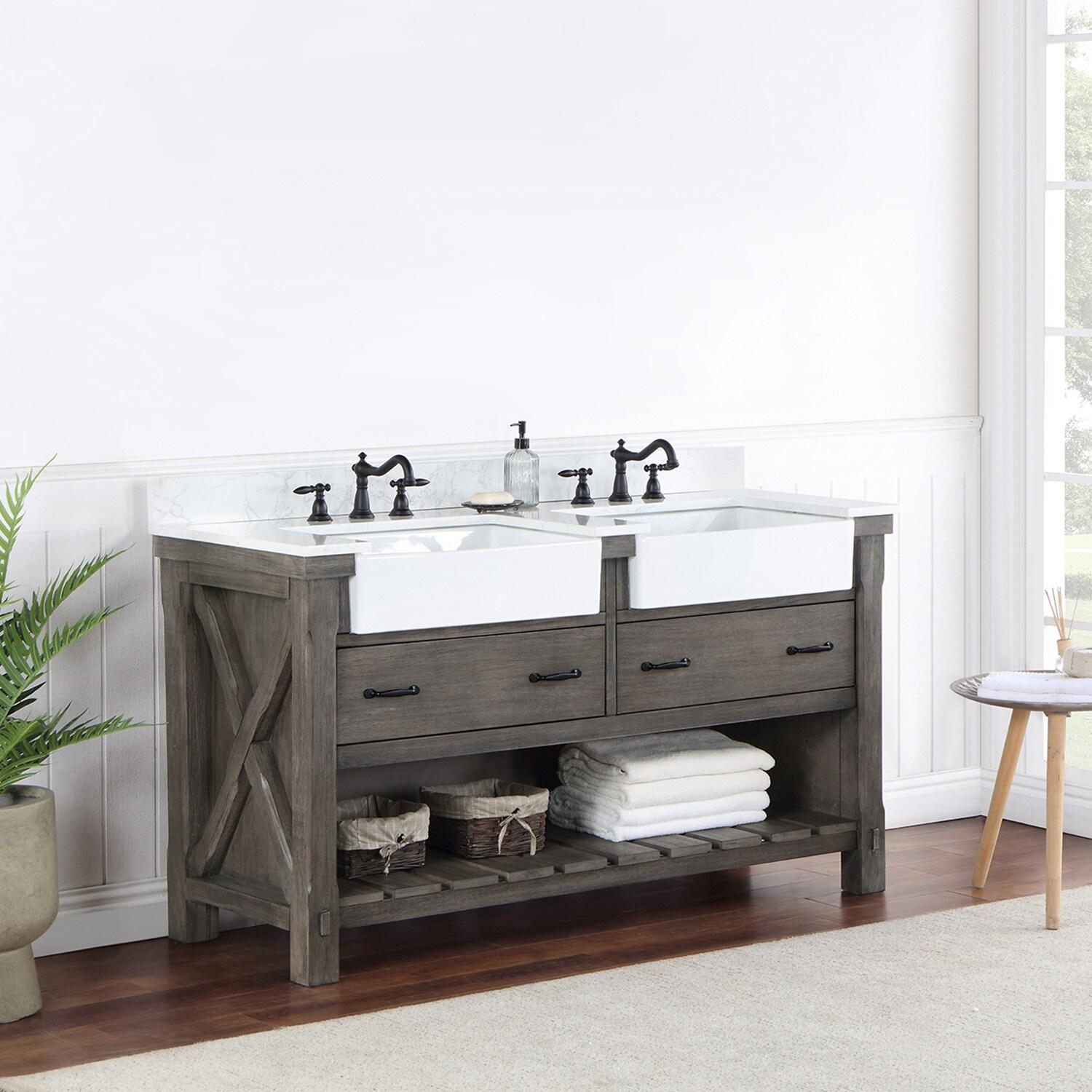 60 in. Villareal Double Bathroom Vanity, Classical Grey with Composite Stone Top in White, White Farmhouse Basin