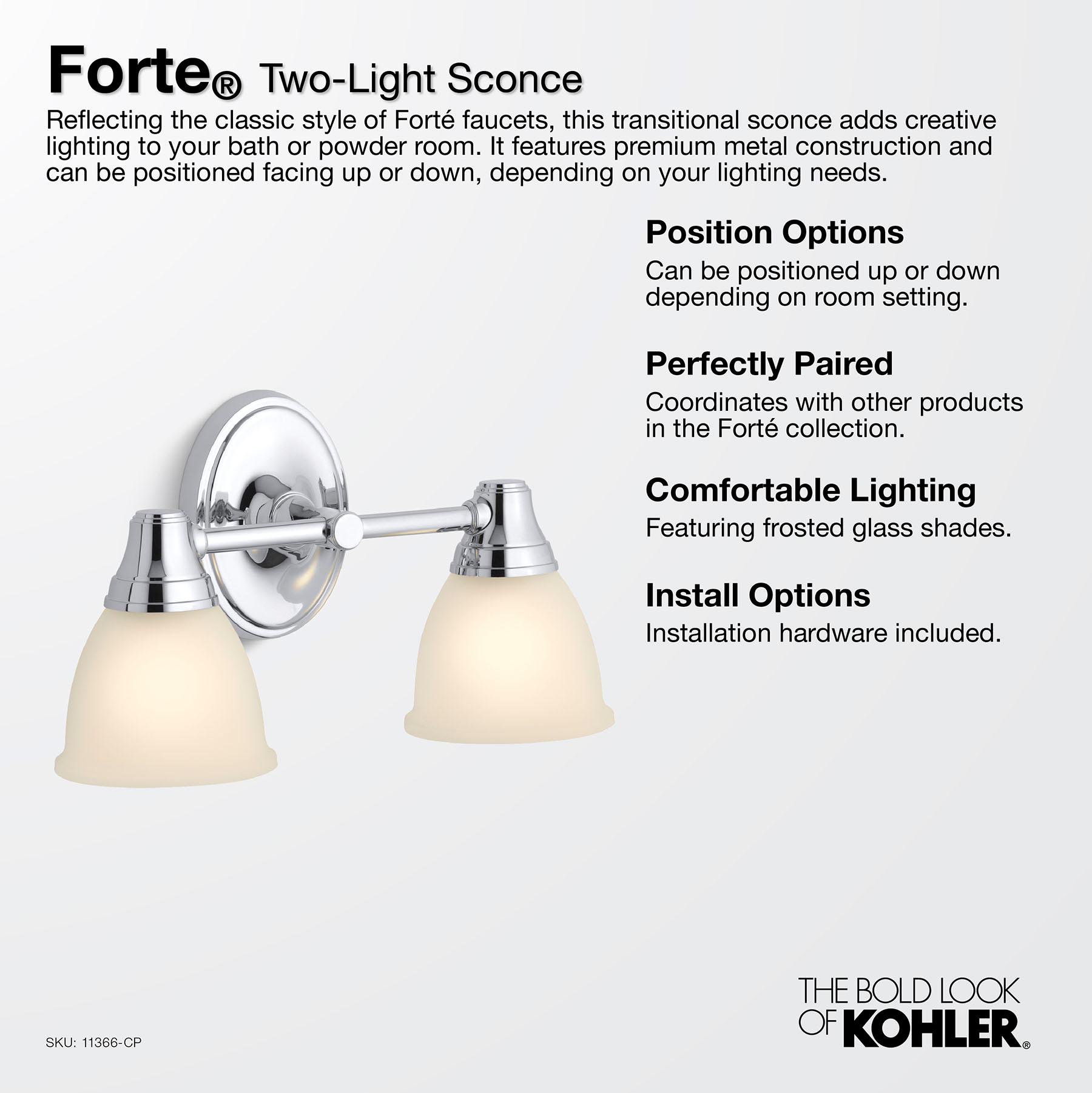 Forte 2 Light Indoor Bathroom Vanity Light Fixture, Position Facing Up or Down, UL Listed