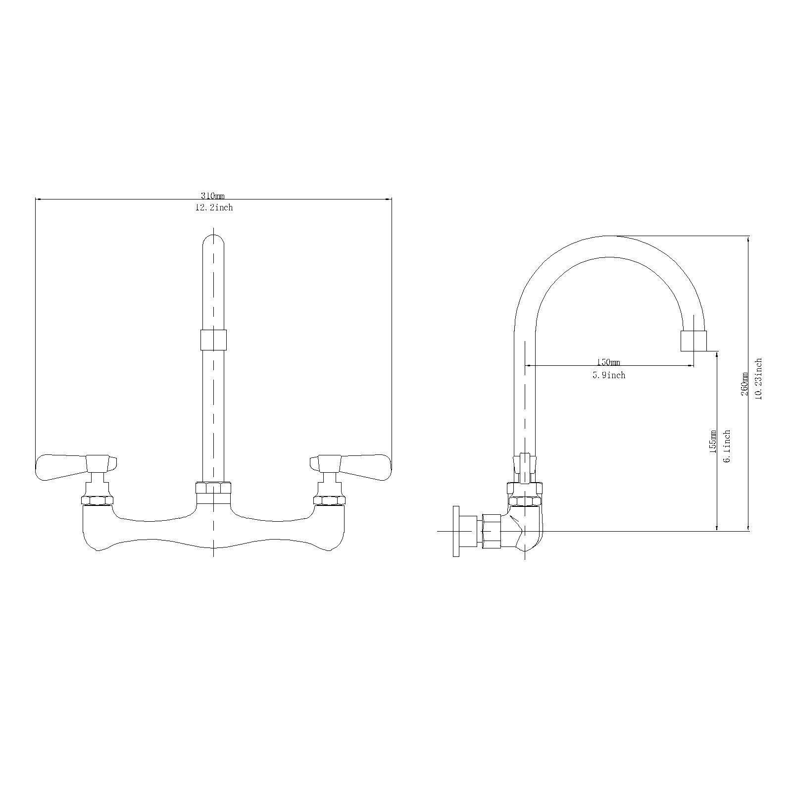 BWE Double Handle Wall Mount Standard Kitchen Faucet with High Arc Swivel Spout 8 in. Widespread