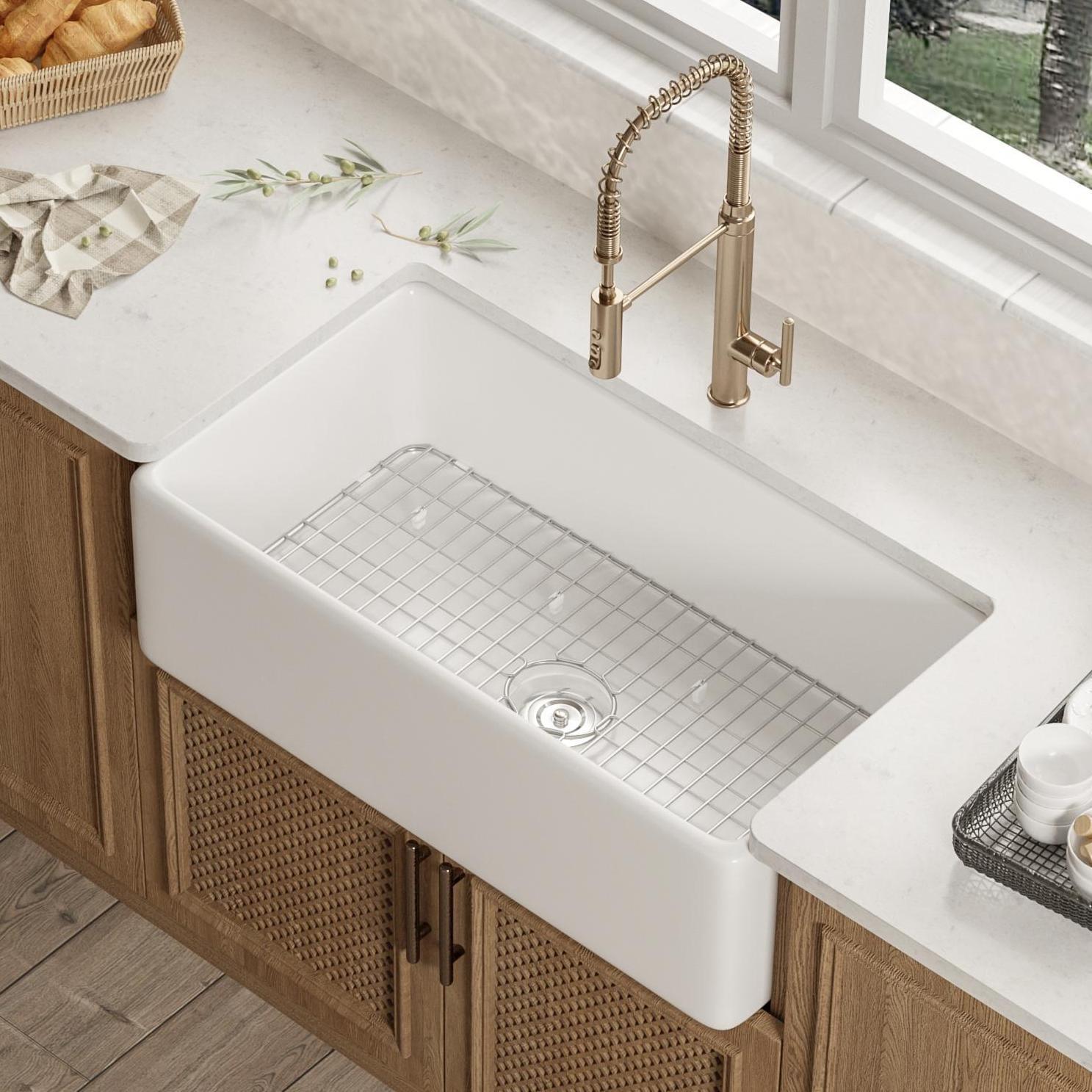 Grove 30" L X 18" W Rectangular White Single Basin Fireclay Farmhouse / Apron Kitchen Sink with Grid and Strainer