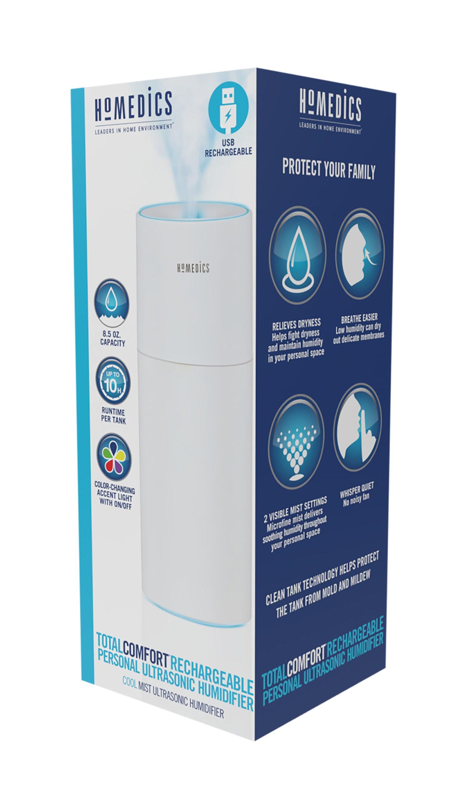Homedics Portable Ultrasonic Humidifier, Cordless, Desktop, Travel, up to 10-Hour Runtime, Visible Quiet Cool Mist, White