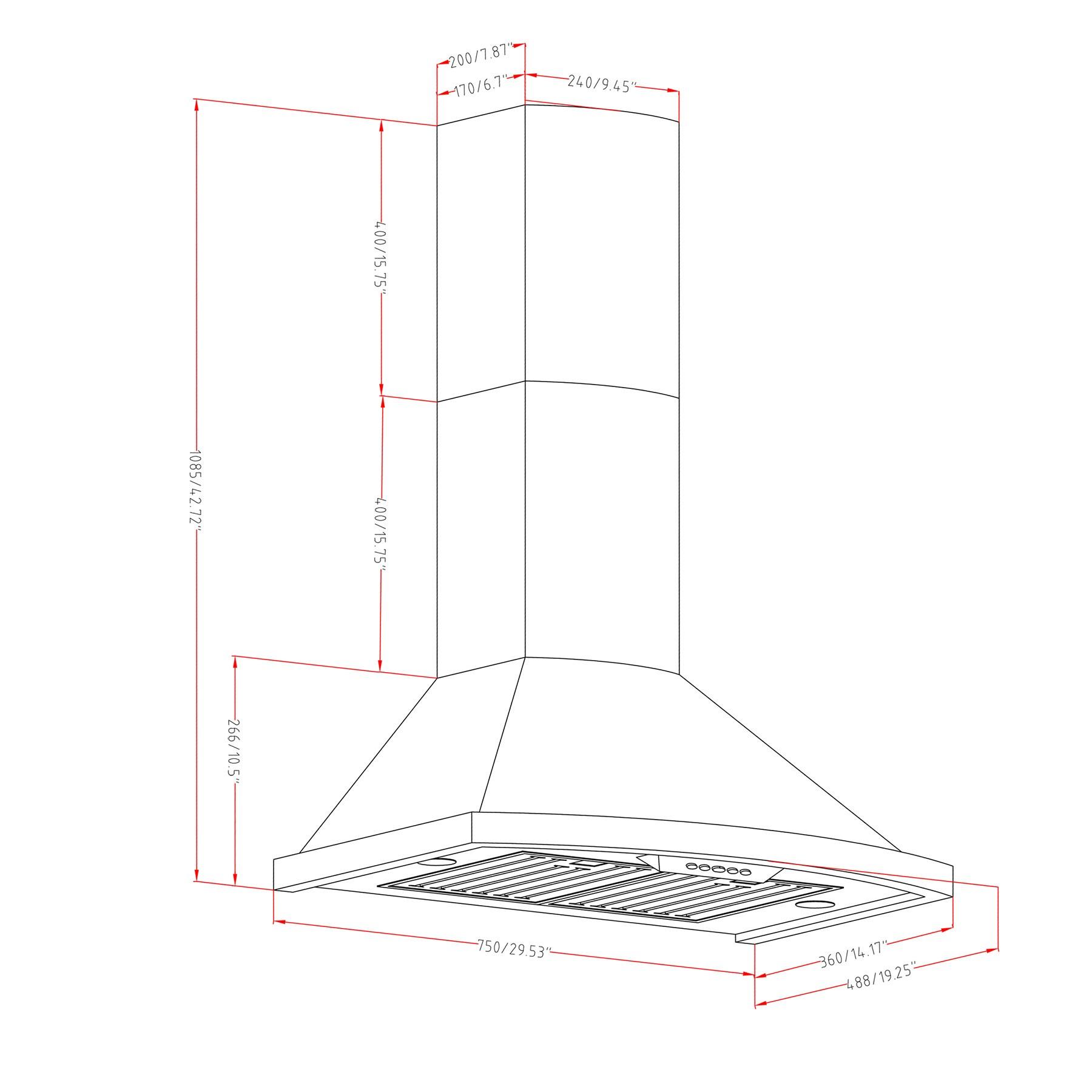 AKDY 30" Stainless Steel 343 CFM Convertible Wall Range Hood with Baffle Filter