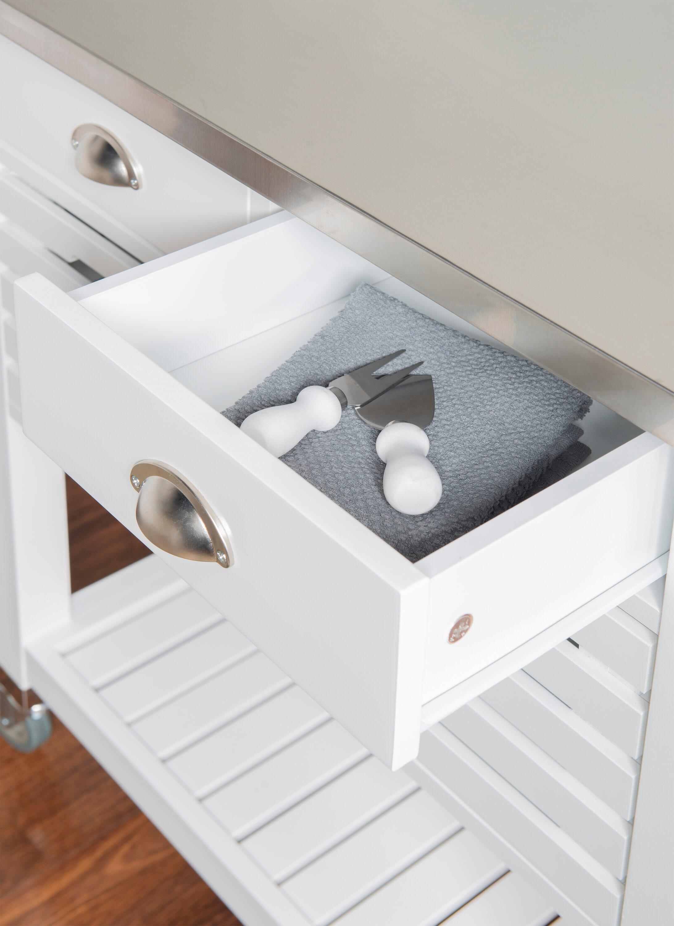 Robbin White Wood Kitchen Cart: Stainless Steel Top, Storage on Wheels - Linon