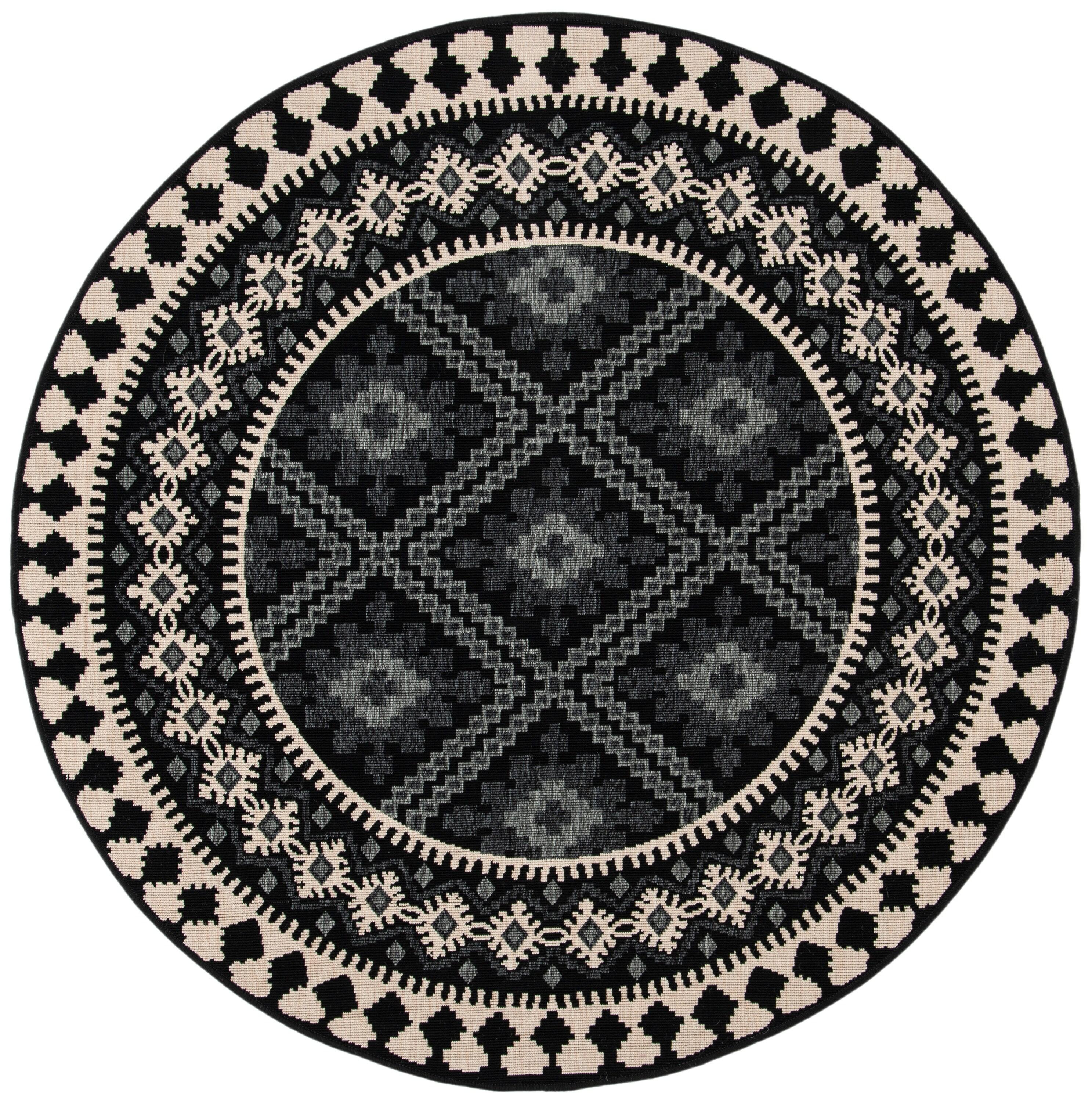 Veranda VER099 Power Loomed Indoor/Outdoor Area Rug - Black/Creme - 3' round - Safavieh.