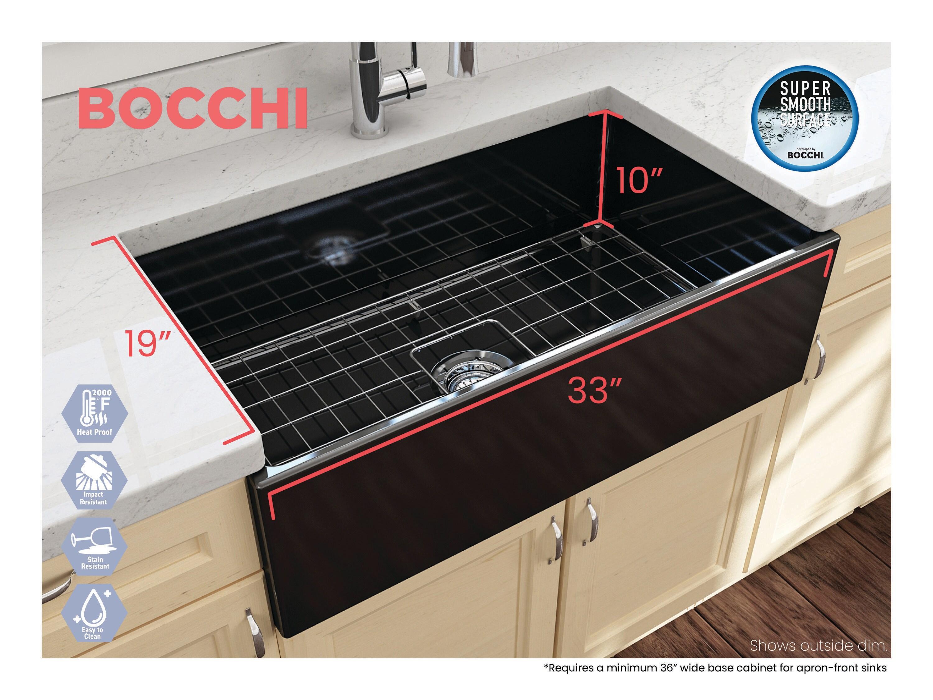 BOCCHI Contempo Farmhouse Apron Front Fireclay 33 in. Single Bowl Kitchen Sink with Protective Bottom Grid and Strainer in Matte Gray