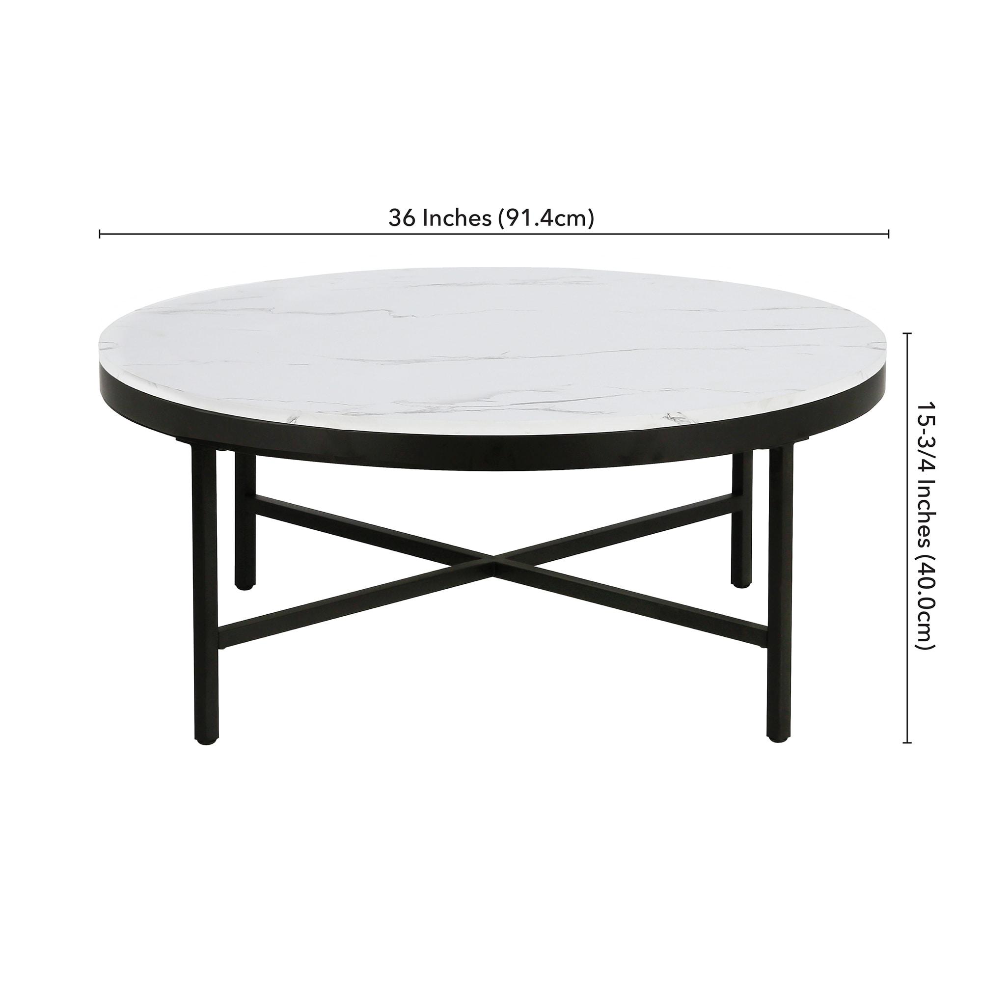 Evelyn&Zoe Xivil 36" Wide Round Coffee Table with Faux Marble Top in Blackened Bronze/Faux Marble