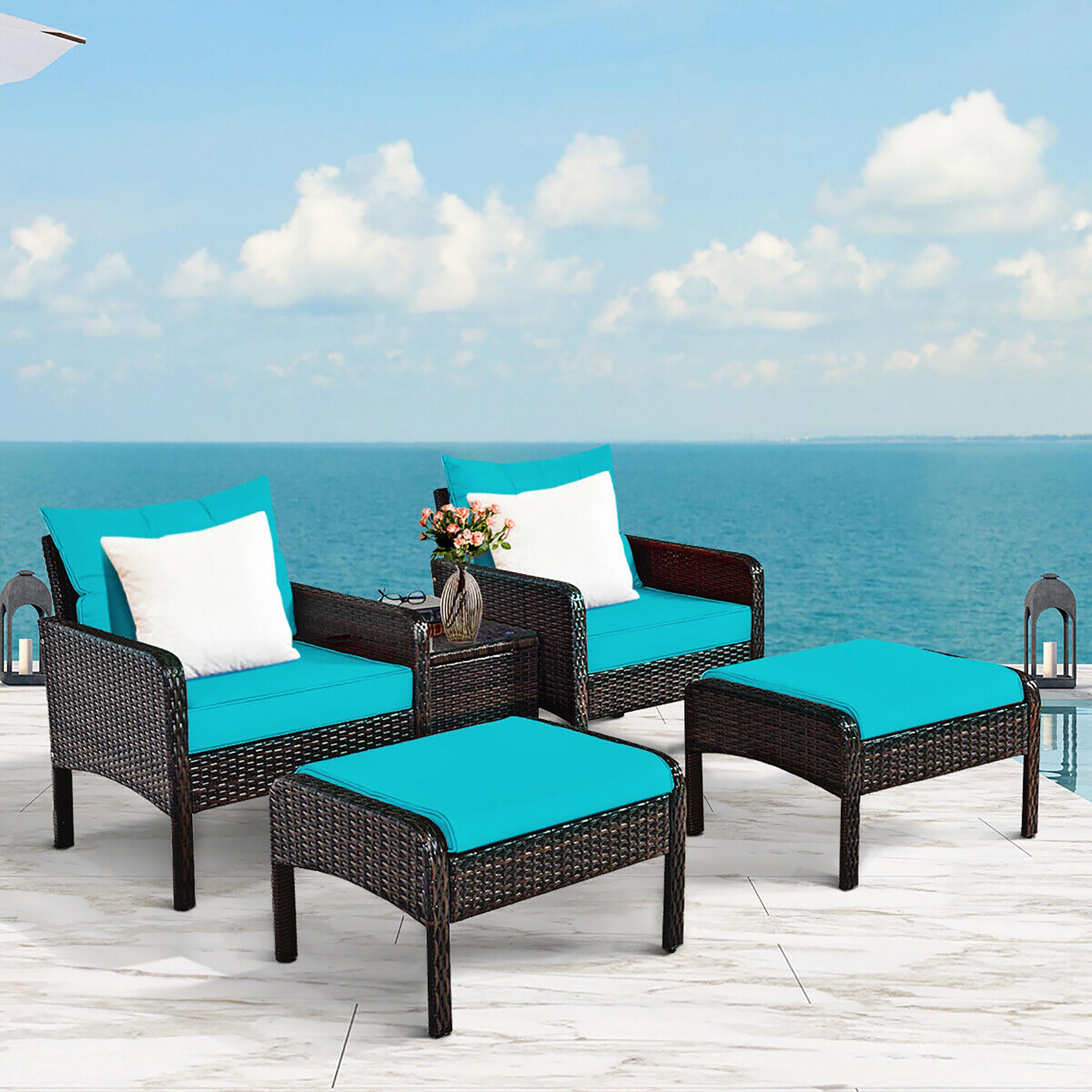 Spaco 5 Pieces Patio Rattan Sofa Ottoman Furniture Set with Cushions, Conversation Set with 2 Single Chairs, 2 Ottomans and A Side Table, Ottoman Furniture Set for Outdoor, Turquoise