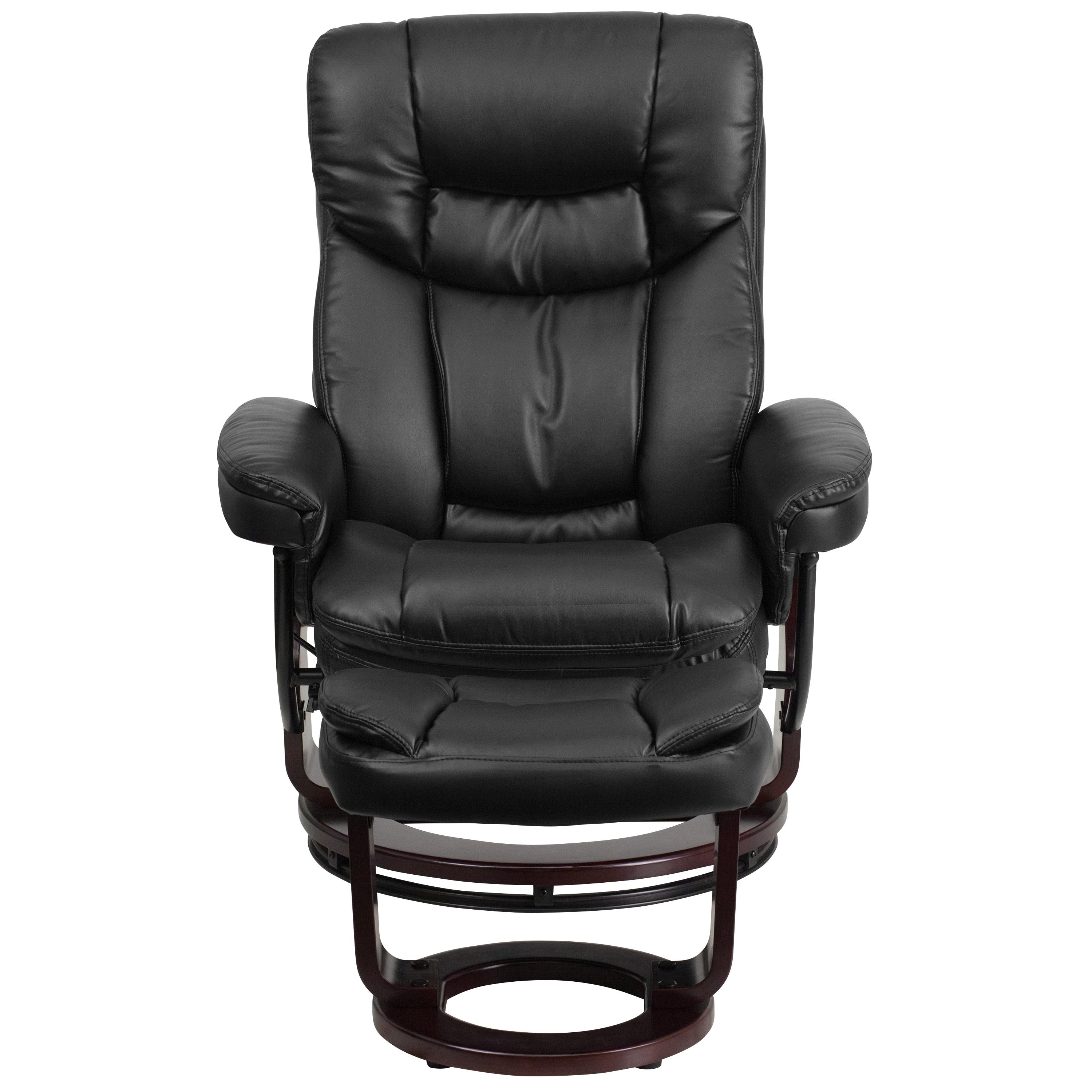Flash Furniture Contemporary Multi-Position Recliner and Curved Ottoman with Swivel Mahogany Wood Base in Black LeatherSoft