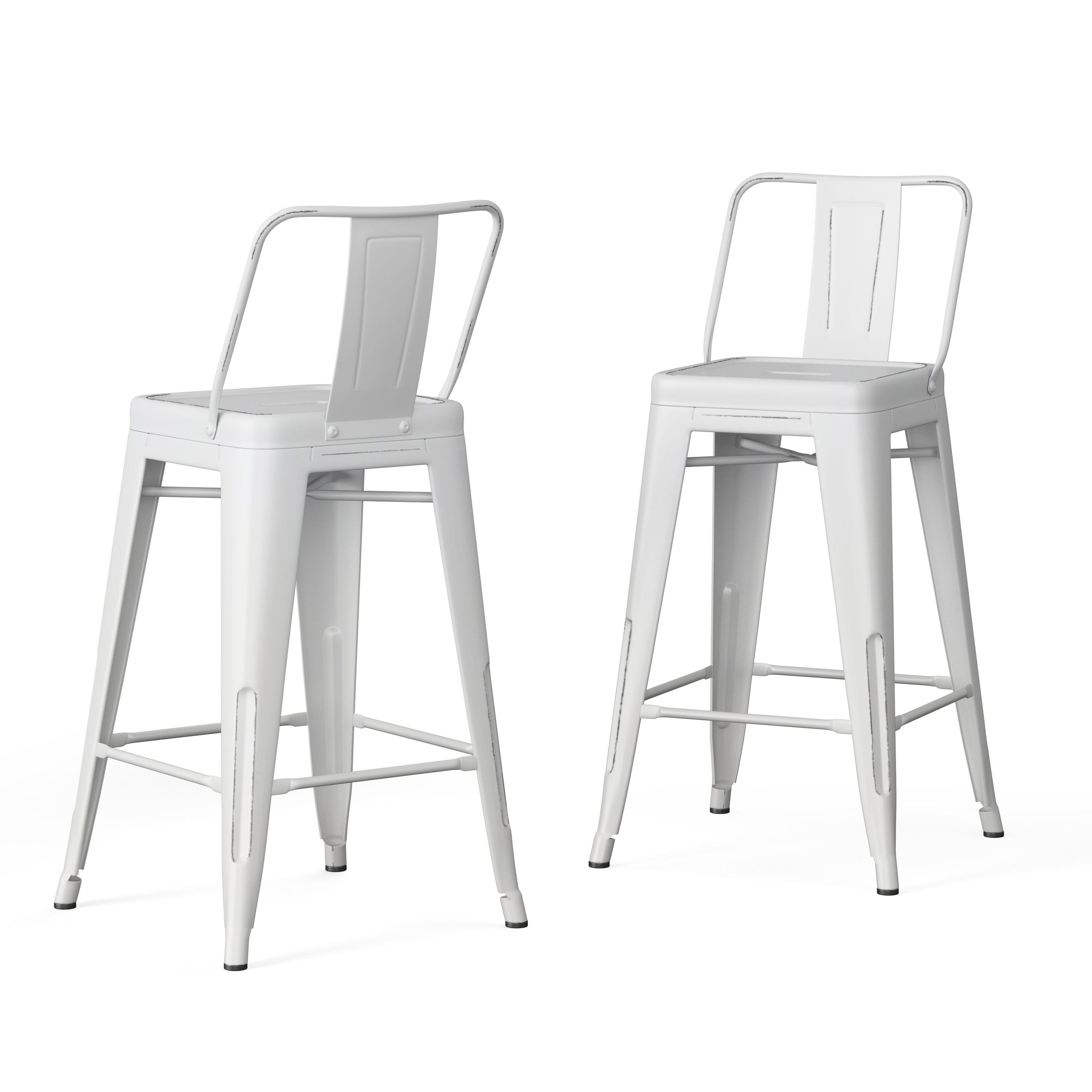 Simpli Home Rayne 24" Metal Counter Stool in Distressed White (Set of 2)