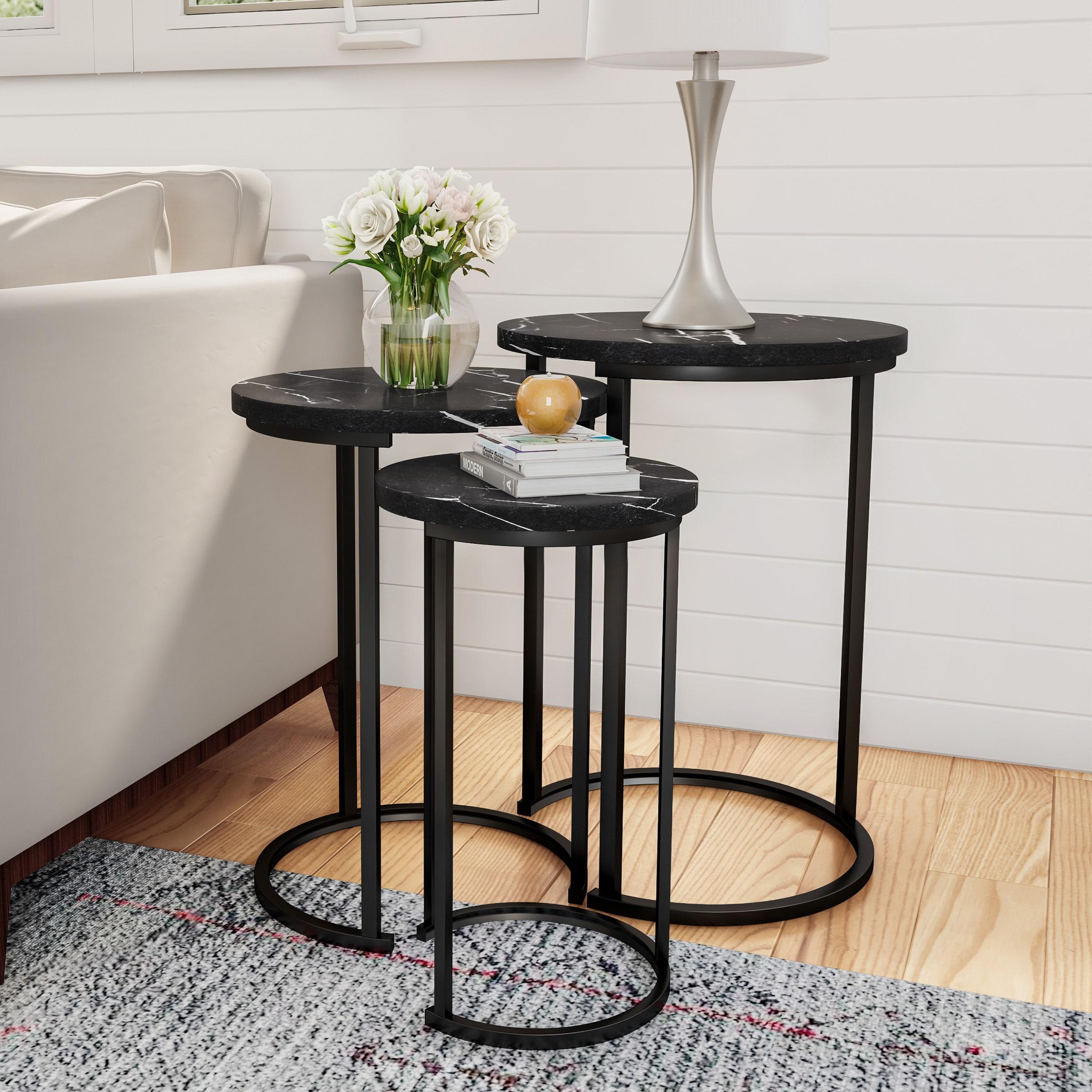 Hastings Home Set of 3 Round Living Room End Tables – Modern Faux Marble Top and Black Metal Base Nesting Tables or Nightstands