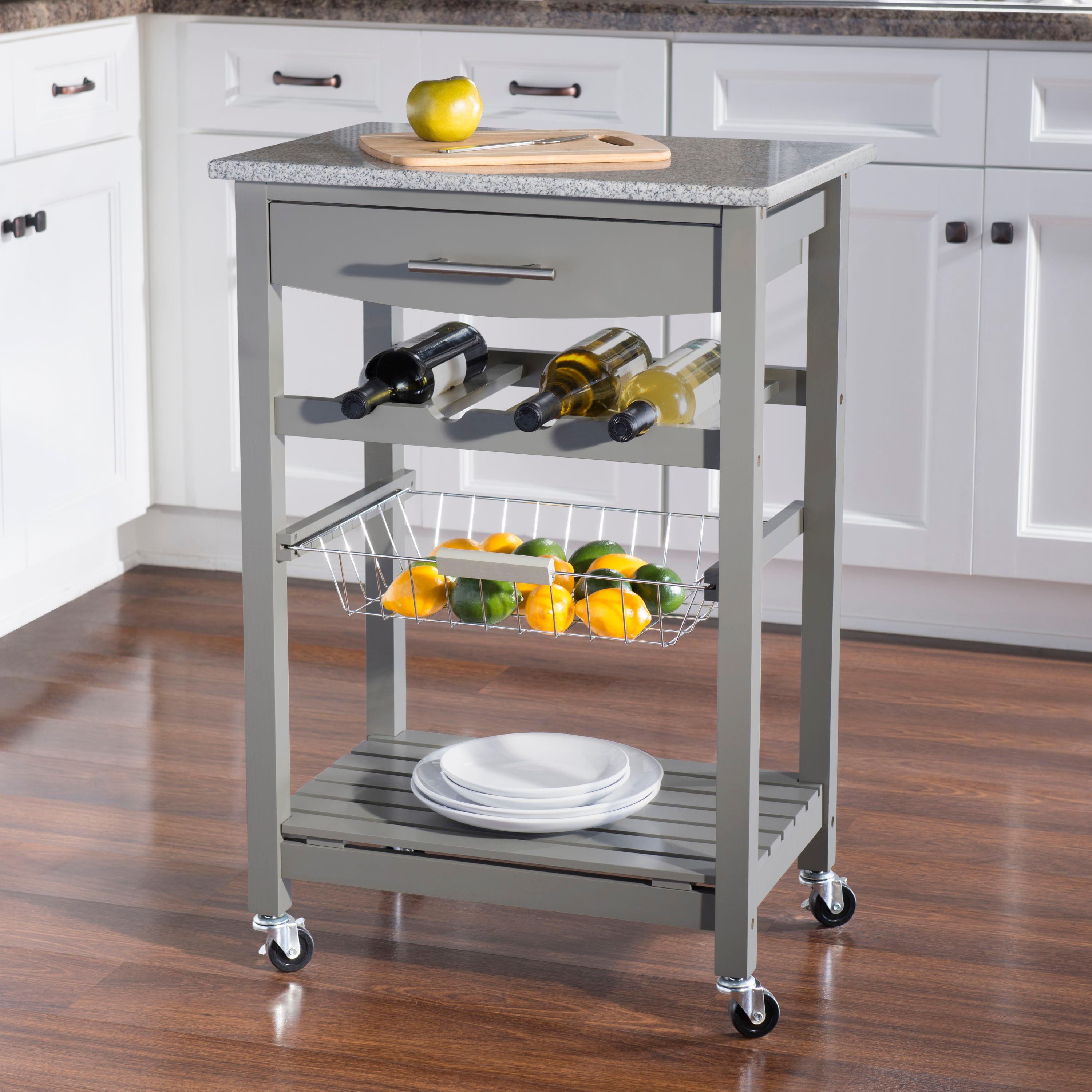 Roger Gray Wood Movable Kitchen Cart Granite Top Storage Wine Rack Locking Wheels - Linon