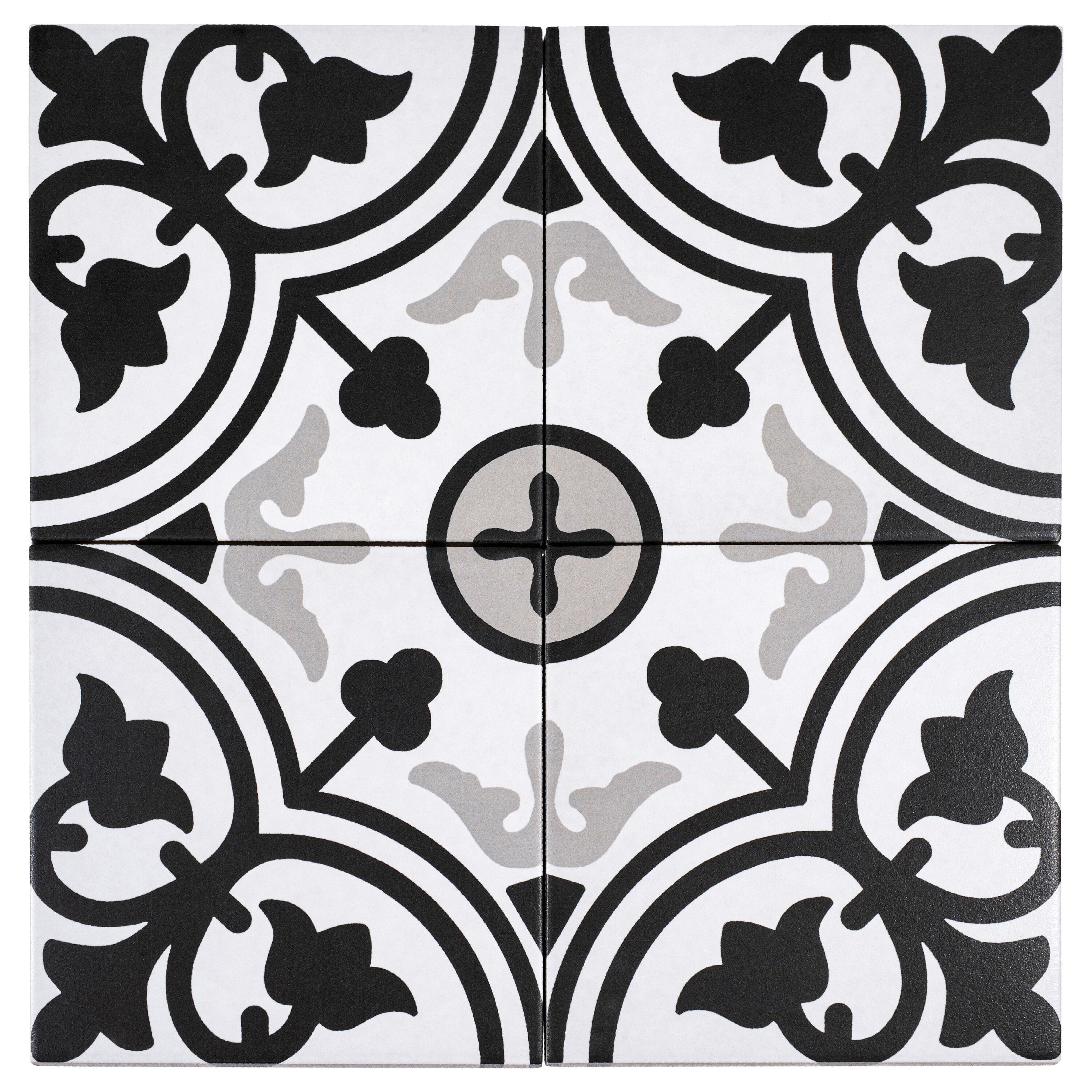 Bliss Gothic Black 8-in. Encaustic Spanish/Moroccan Patterned Matte Porcelain Wall & Floor Tile