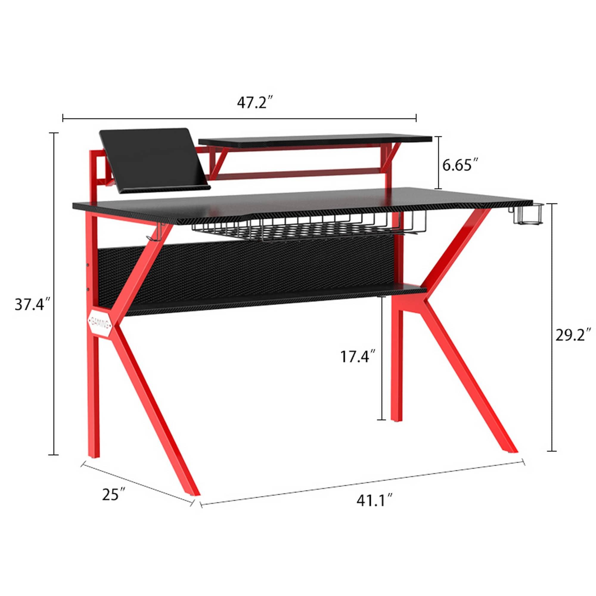 PVC Coated Ergonomic Metal Frame Gaming Desk Black/Red - The Urban Port: Elevated Monitor Shelf, K-Shaped Legs, Headphone Holder