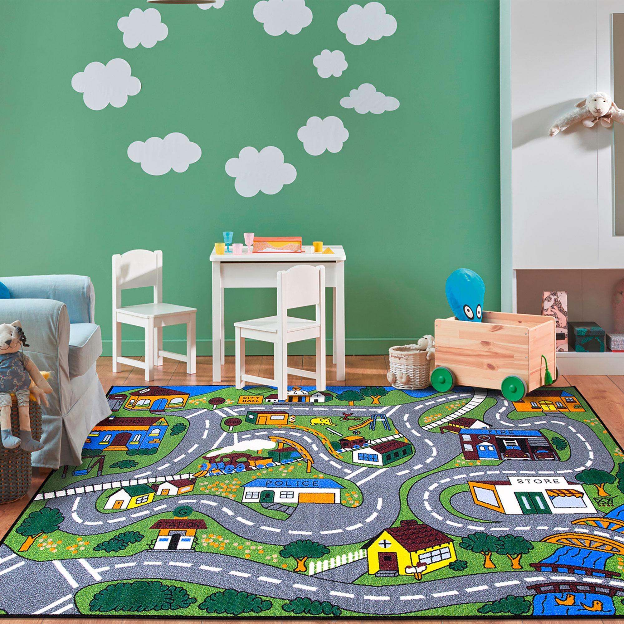 Ottomanson Children Car Road Map 5x7 Washable Non-Slip Area Rug for Kids Playroom, 5' x 6'6", Green/Multicolor