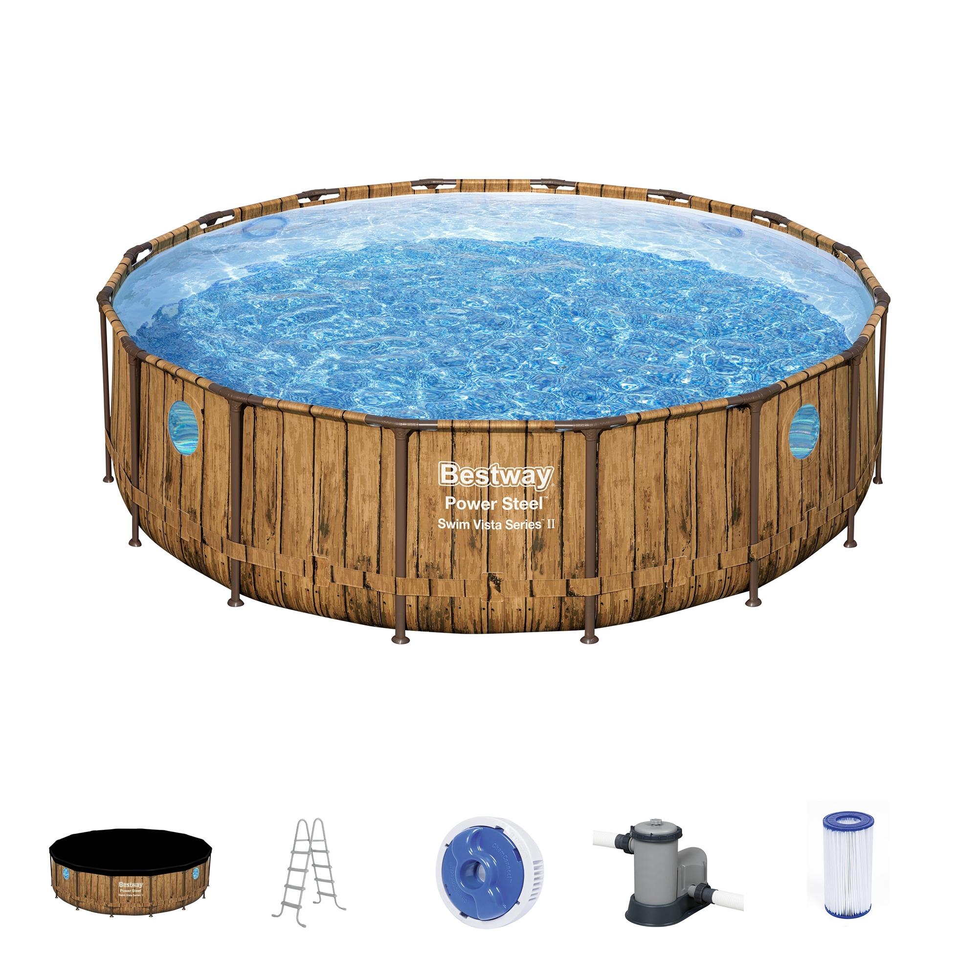 Bestway 16-ft x 16-ft x 48-in Metal frame Round Above-Ground Pool with Filter Pump with Ground Cloth with Pool Cover with Ladder