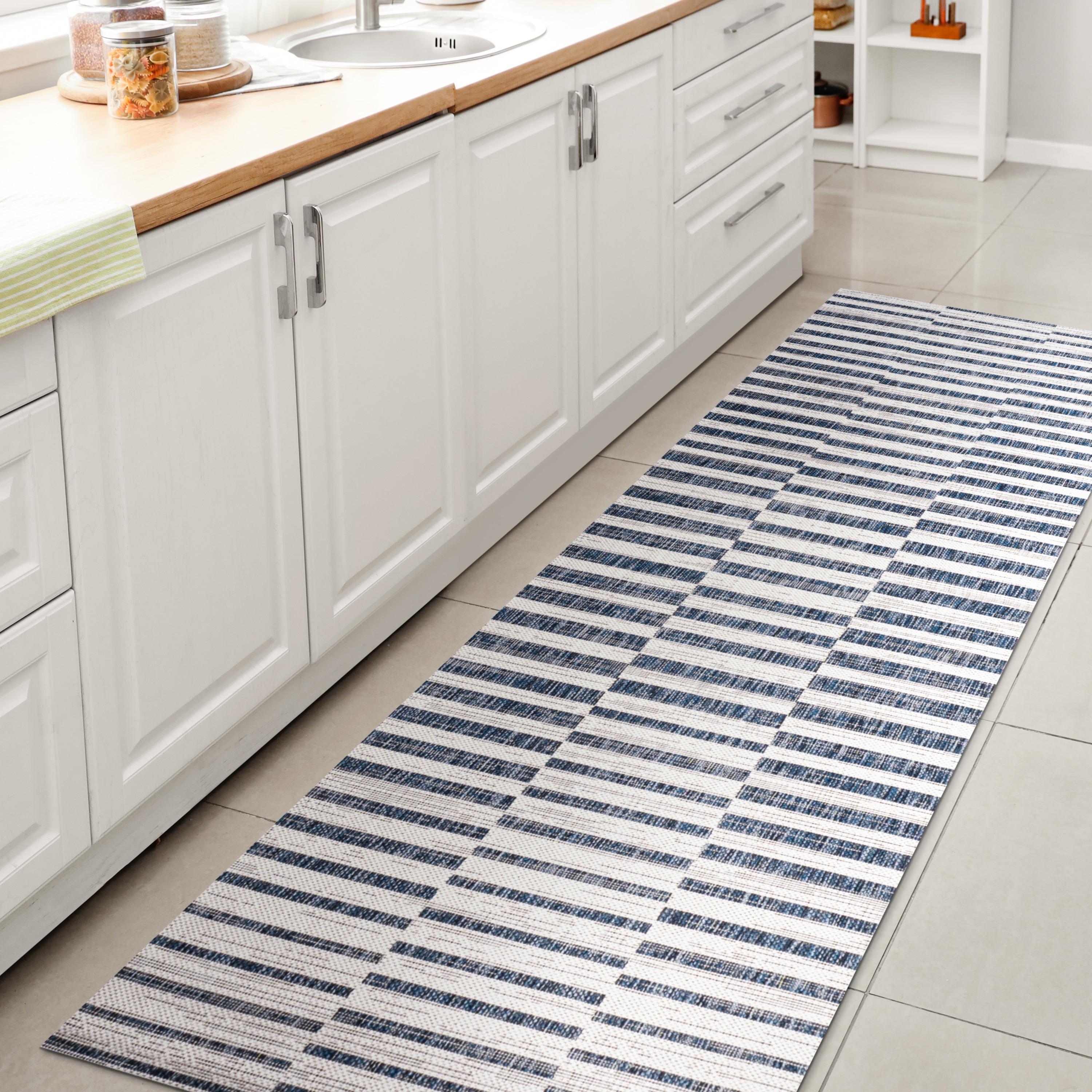 2'x8' Sukie Modern Offset Stripe Indoor/Outdoor Runner Rug, Ivory/Blue - JONATHAN Y