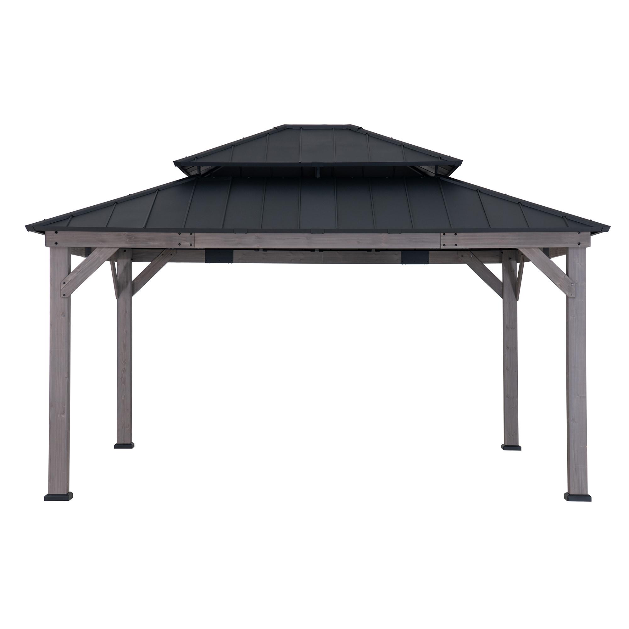 Sunjoy Sunjoy 13 x 15 ft. Wood Gazebo, Outdoor Patio Steel Hardtop Gazebo, Cedar Framed Wooden Gazebo with 2-Tier Metal Roof, Suitable for Patios, Lawn and Backyard
