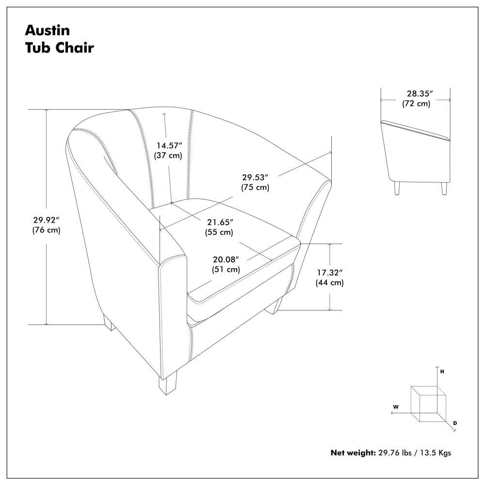 Simpli Home Austin 30"W Upholstered Vegan Faux Leather Contemporary Tub Accent Chair with High Arms and Deep Seat