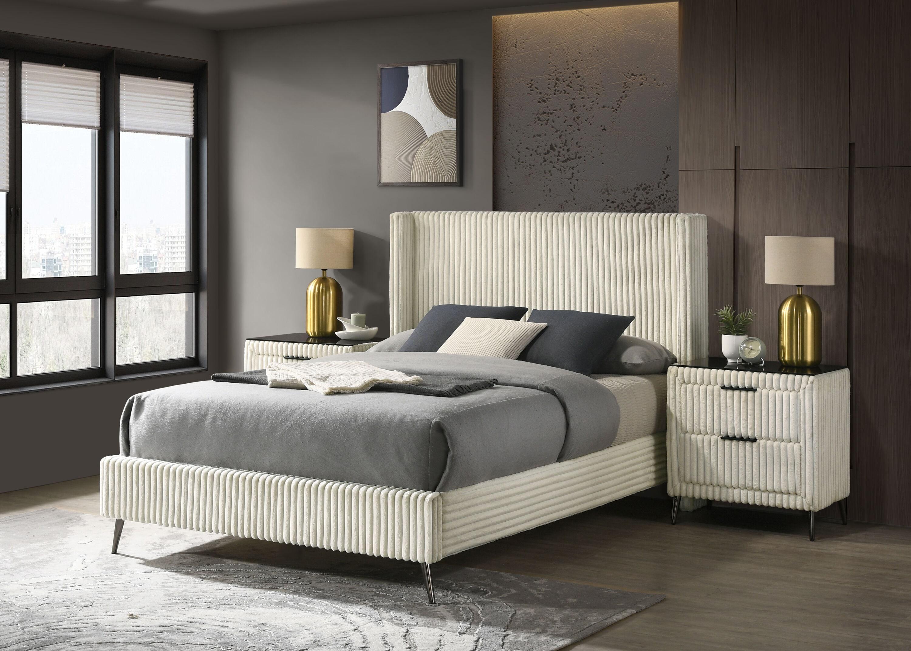 Roundhill Furniture Mavela Wide-wale Corduroy Upholstery Panel Bed with 2 Nightstands and Bench Cream Queen