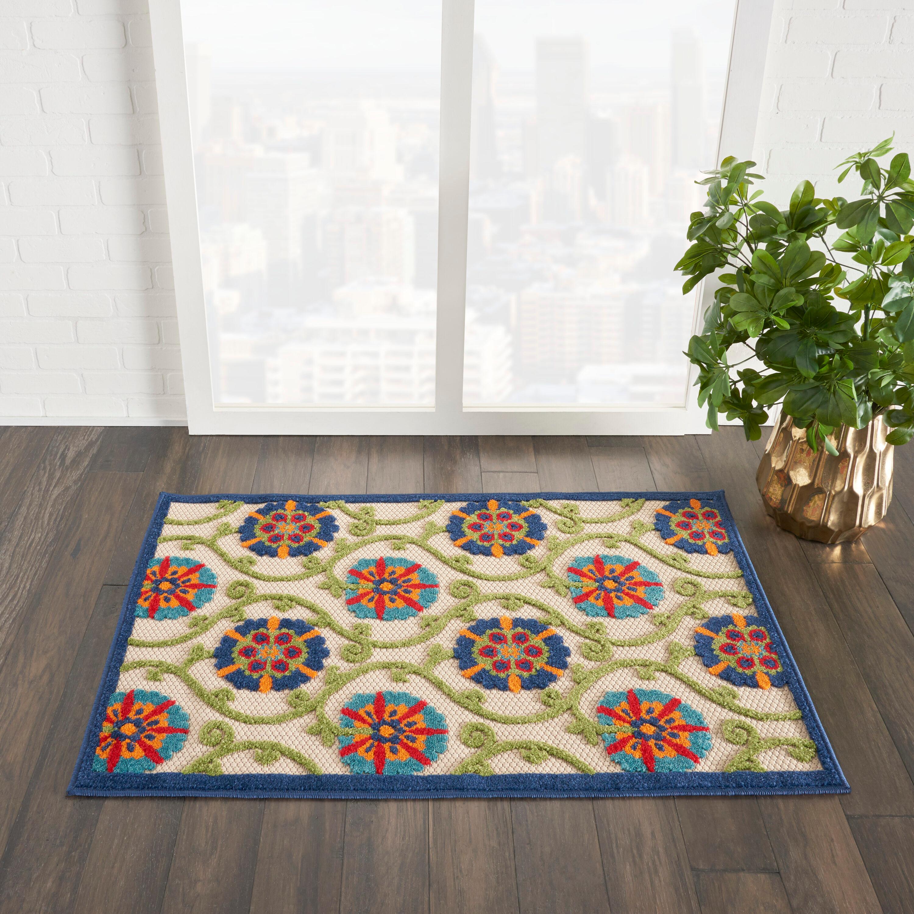Nourison Aloha Contemporary Floral Flatweave High-Low Indoor Outdoor Area Rug Blue/Multicolor 2'8" x 4'