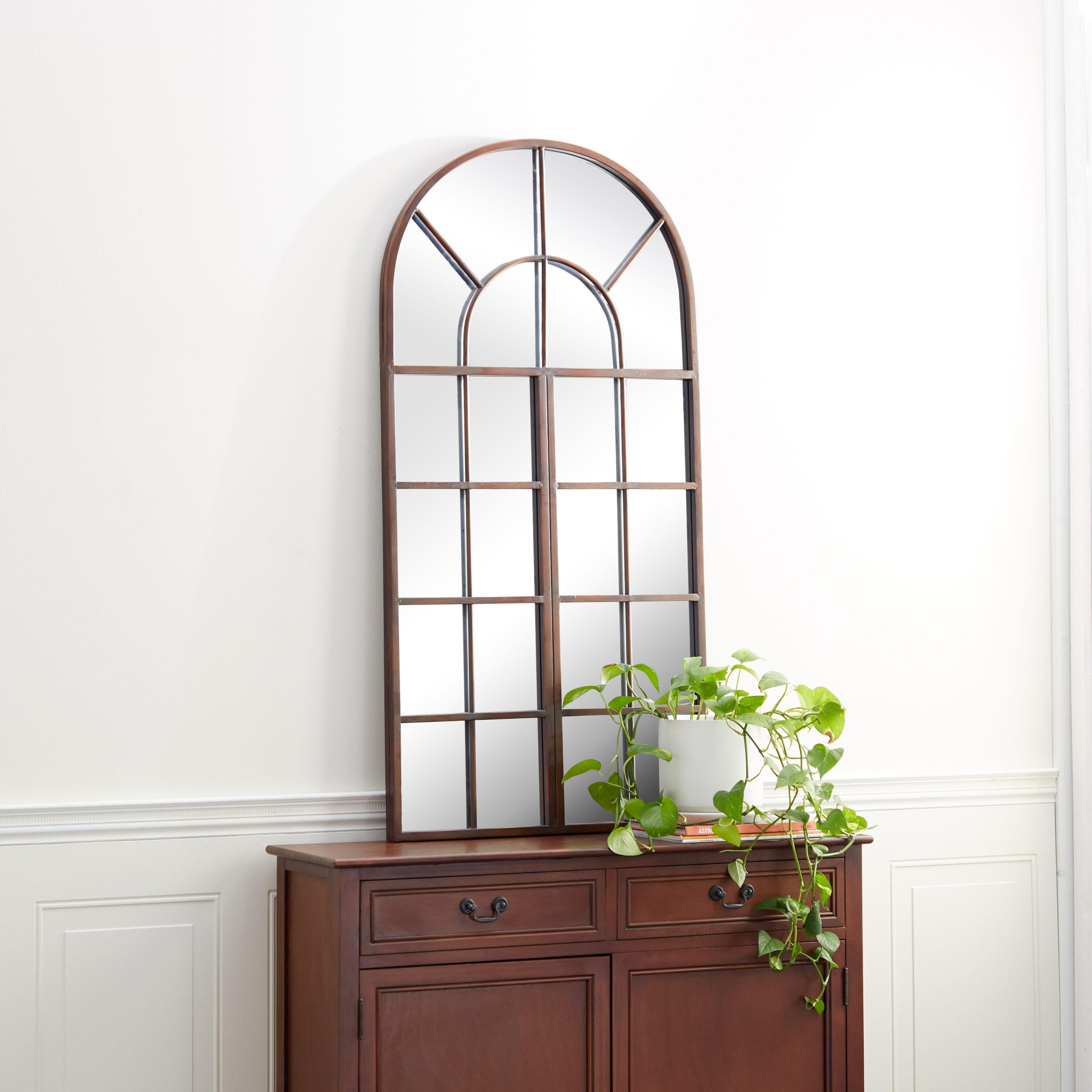 DecMode 24" x 48" Brown Window Pane Inspired Wall Mirror with Arched Top