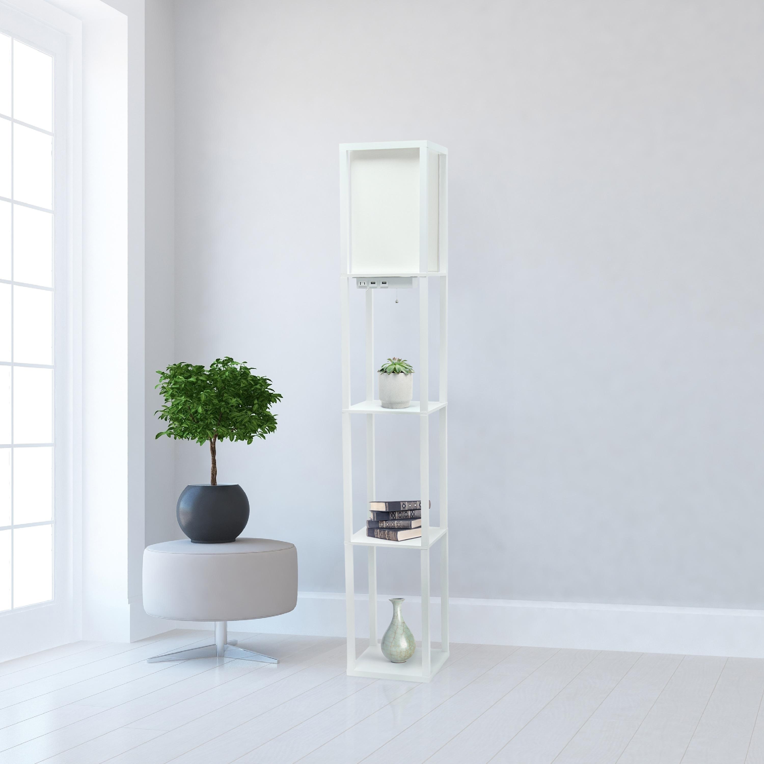 Creekwood Home Classix 62.5" 3-Tier Storage Floor Lamp with Charging Ports and Outlet White