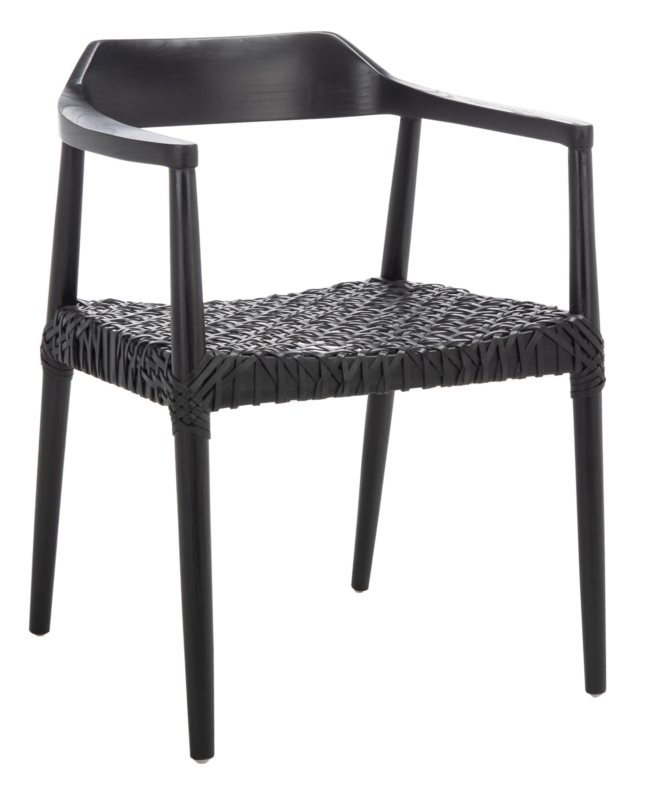 SAFAVIEH Munro Leather Woven Accent Chairs, Black (Sungkai Wood Frame)/Black (Leather Seat) (22 in. W x 20.5 in. D x 28.5 in. H)