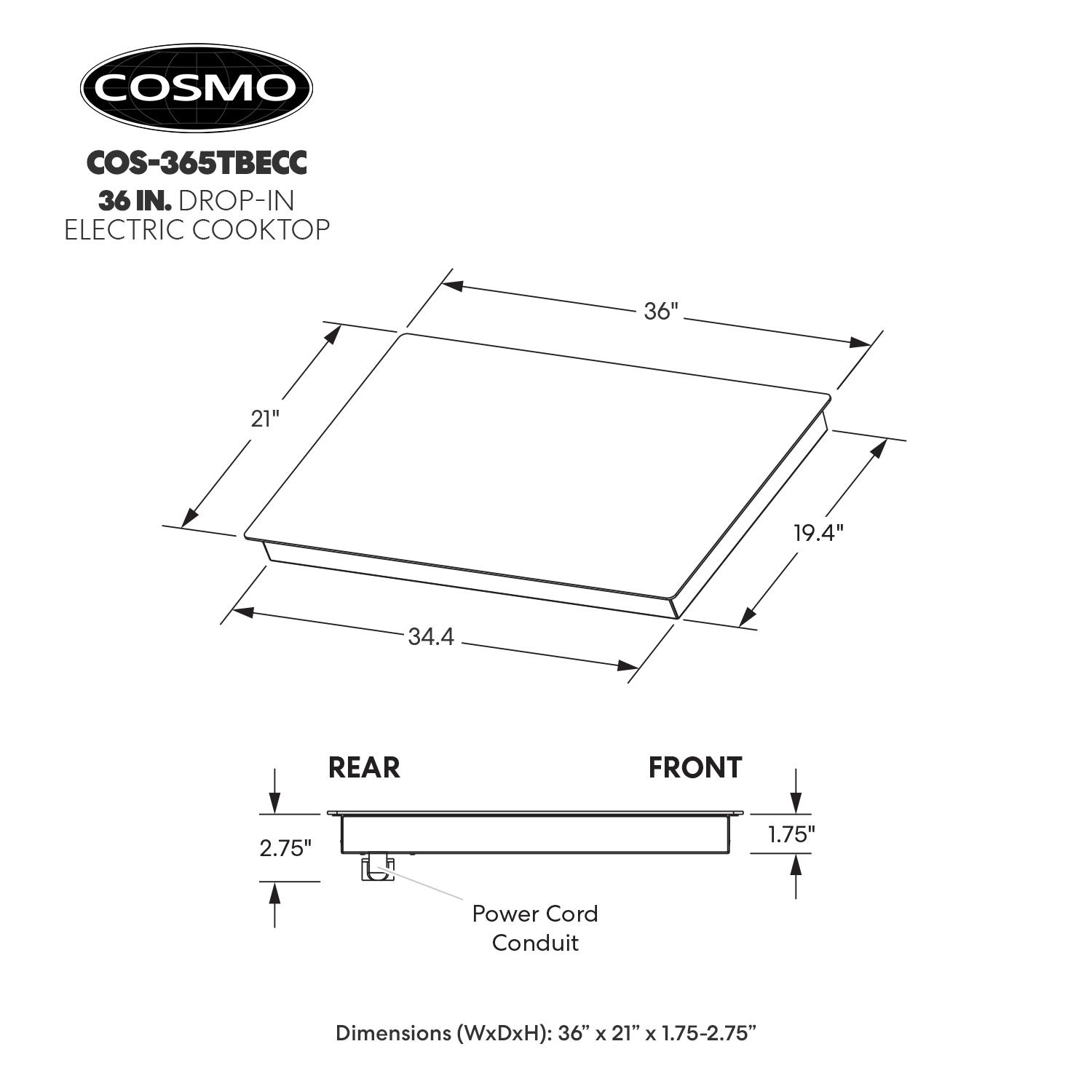 Cosmo 36 In. Electric Ceramic Glass Cooktop With 5 Burners, Triple Zone Element In Black