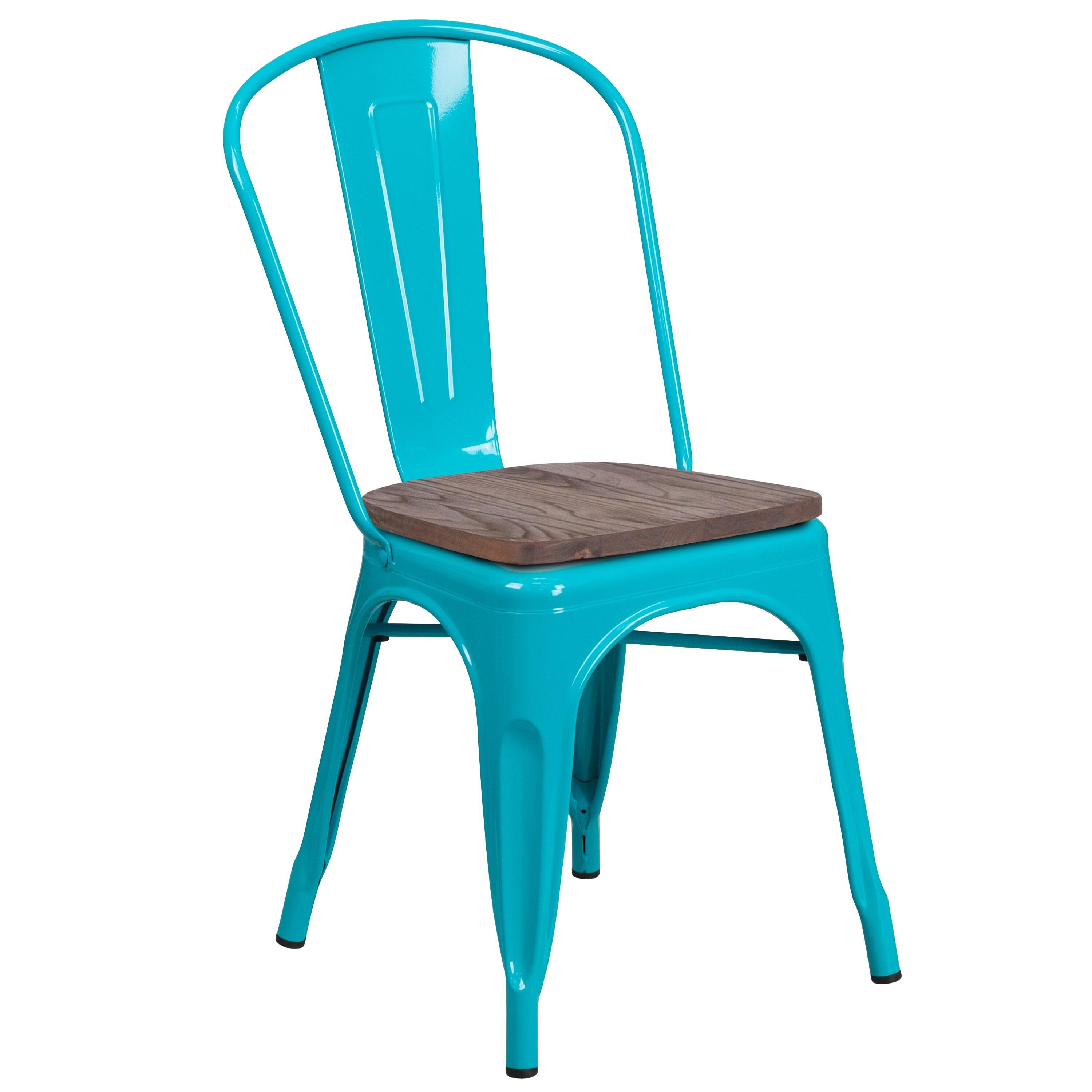 Flash Furniture Crystal Teal-Blue Metal Stackable Chair with Wood Seat