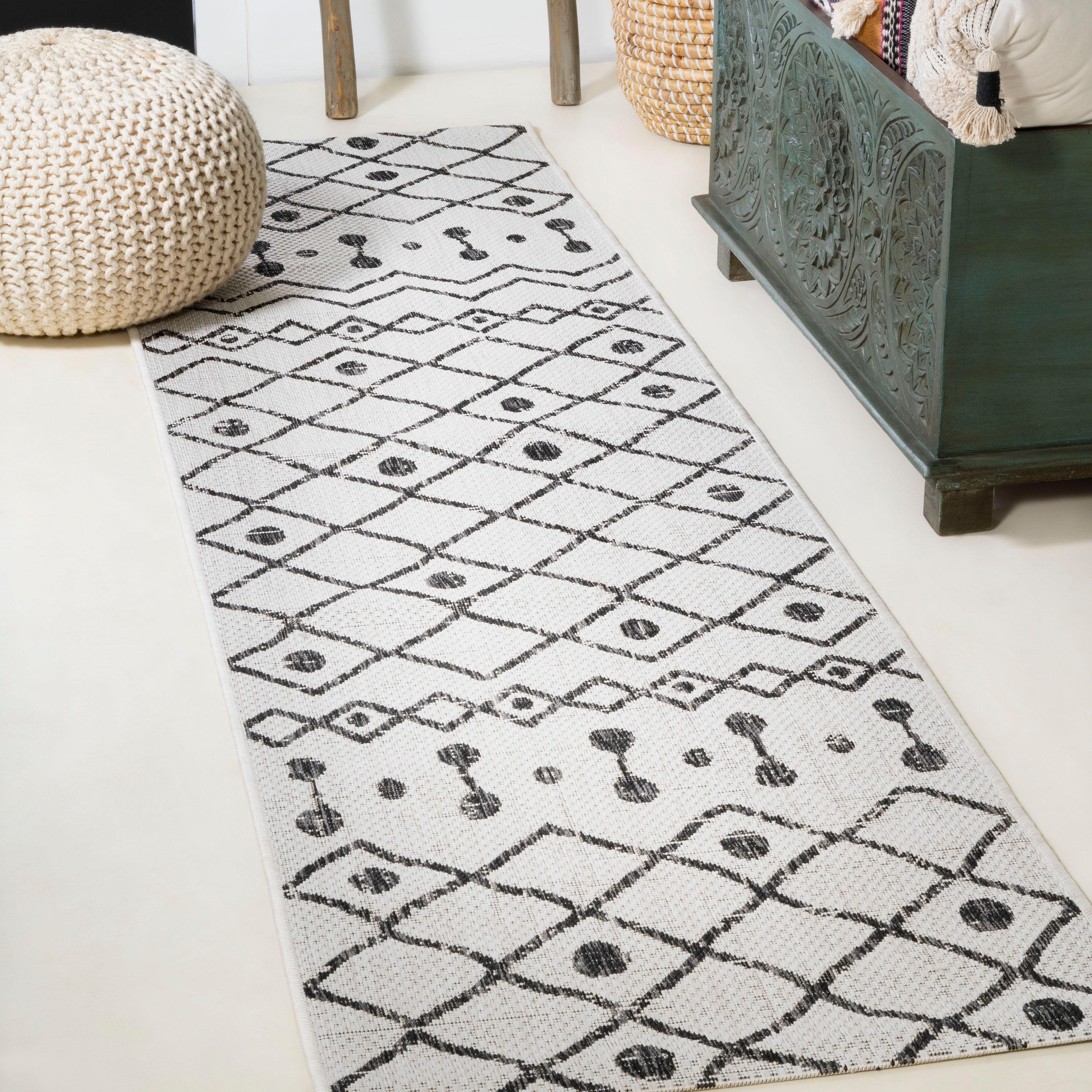 2'x10' Nokat Modern Bohemian Styled Indoor/Outdoor Runner Rug, Ivory/Black - JONATHAN Y