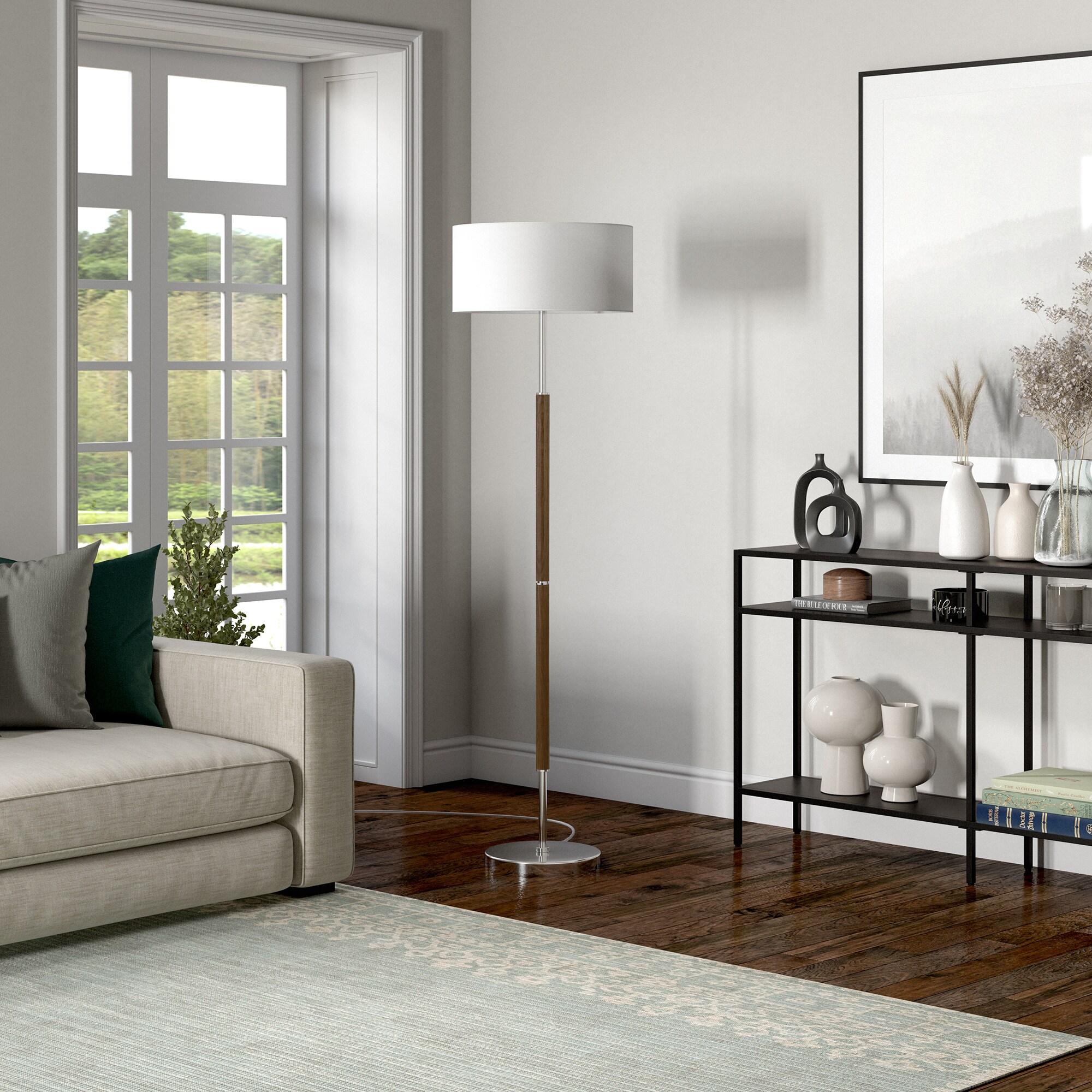 Evelyn&Zoe Simone 2-Light Floor Lamp with Fabric Shade, Rustic Oak/Polished Nickel/White