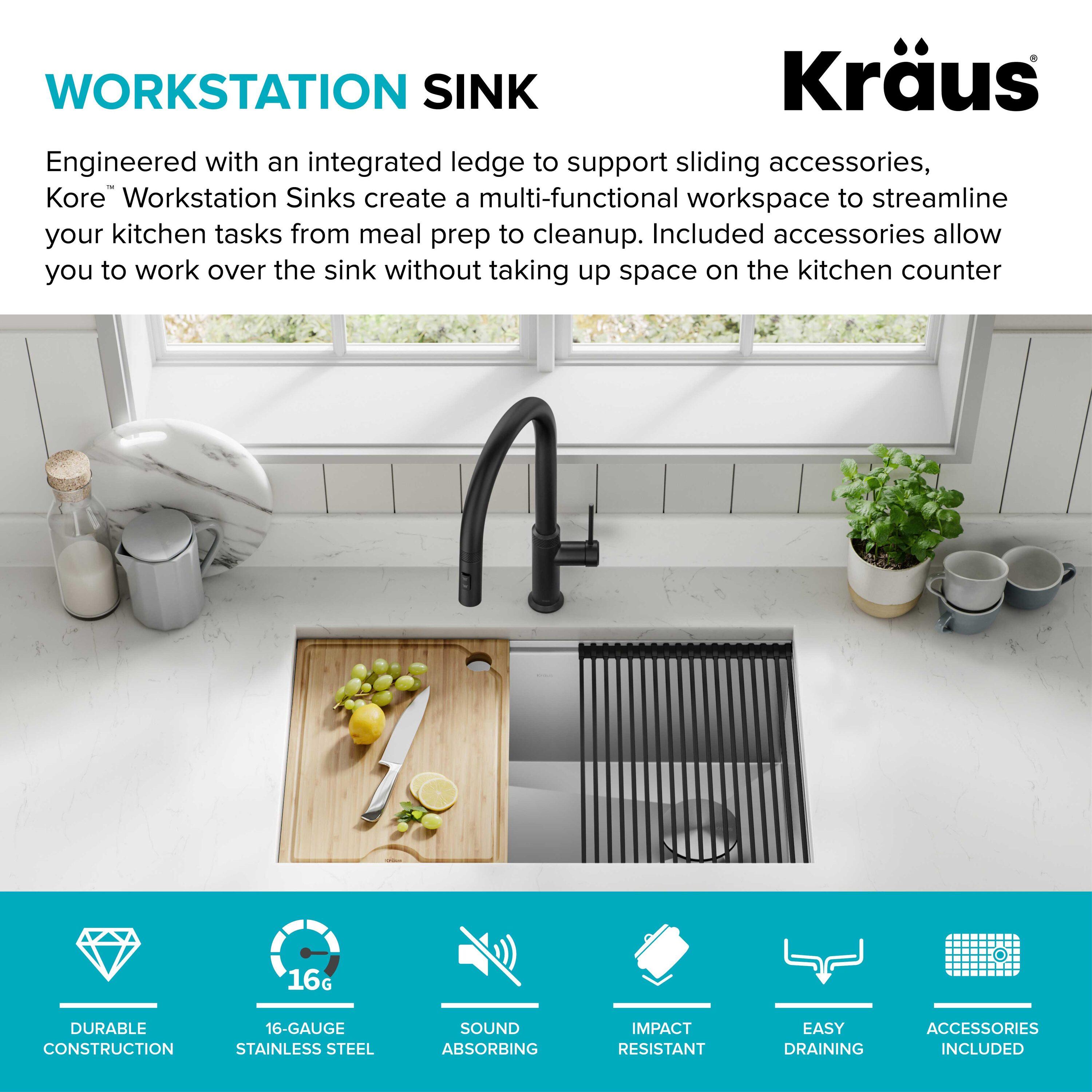 KRAUS Kore™ Workstation 30-inch L Undermount 16 Gauge Single Bowl Stainless Steel Kitchen Sink with Accessories