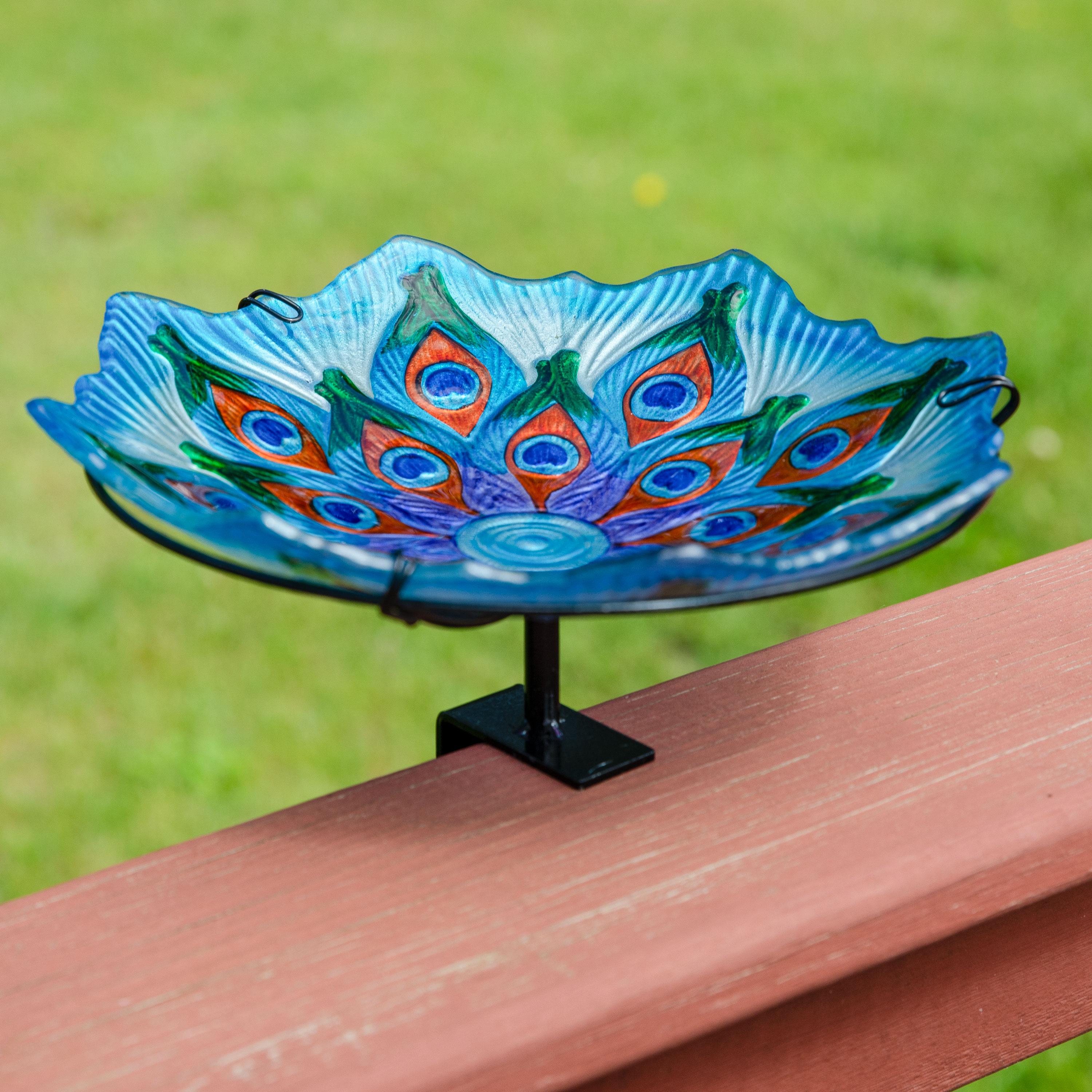 Sunnydaze Exquisite Feathers Deck-Mounted/Staked Glass Bird Bath - 11” Diameter - Turquoise