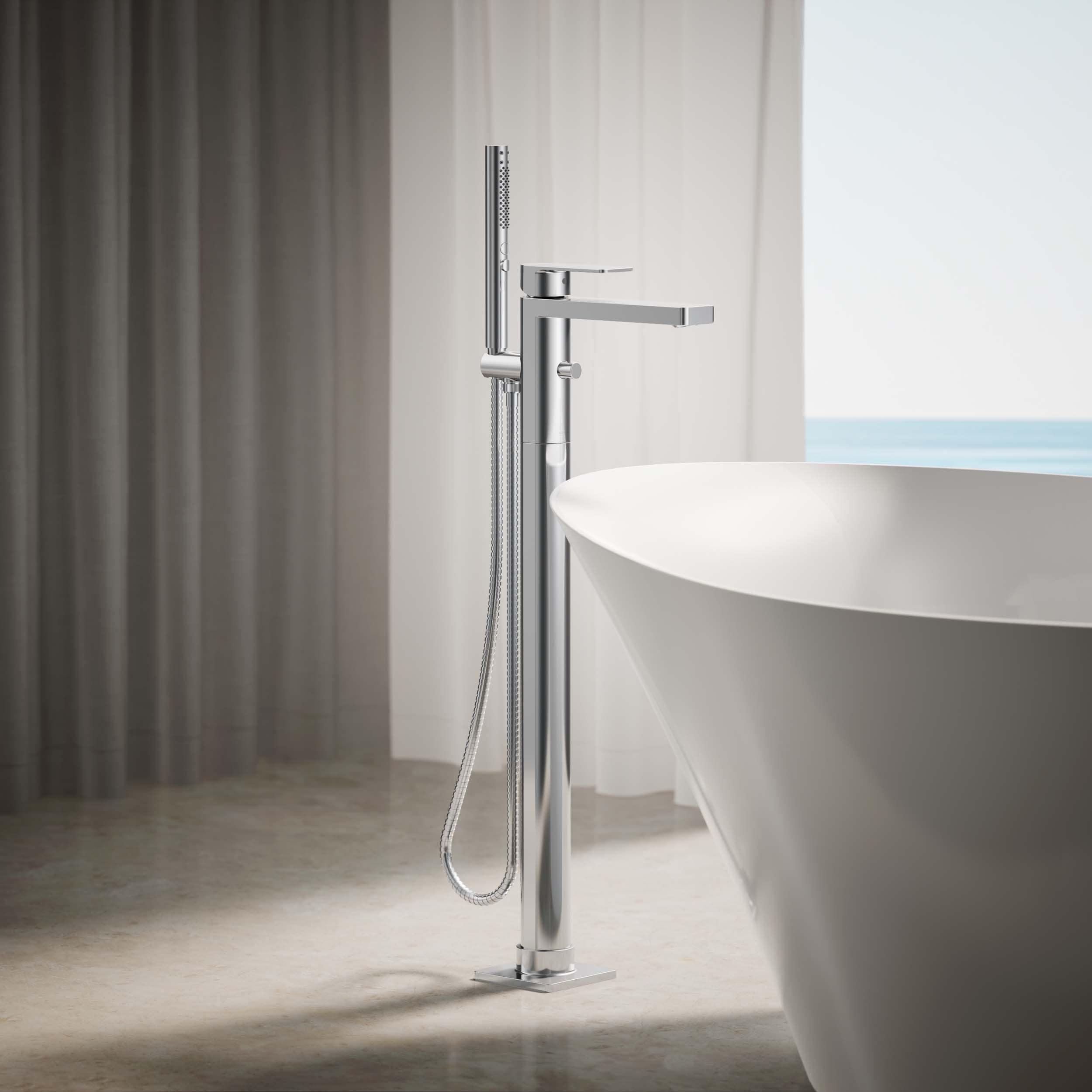 Parallel Floor-Mount Bath Filler Trim With Handshower