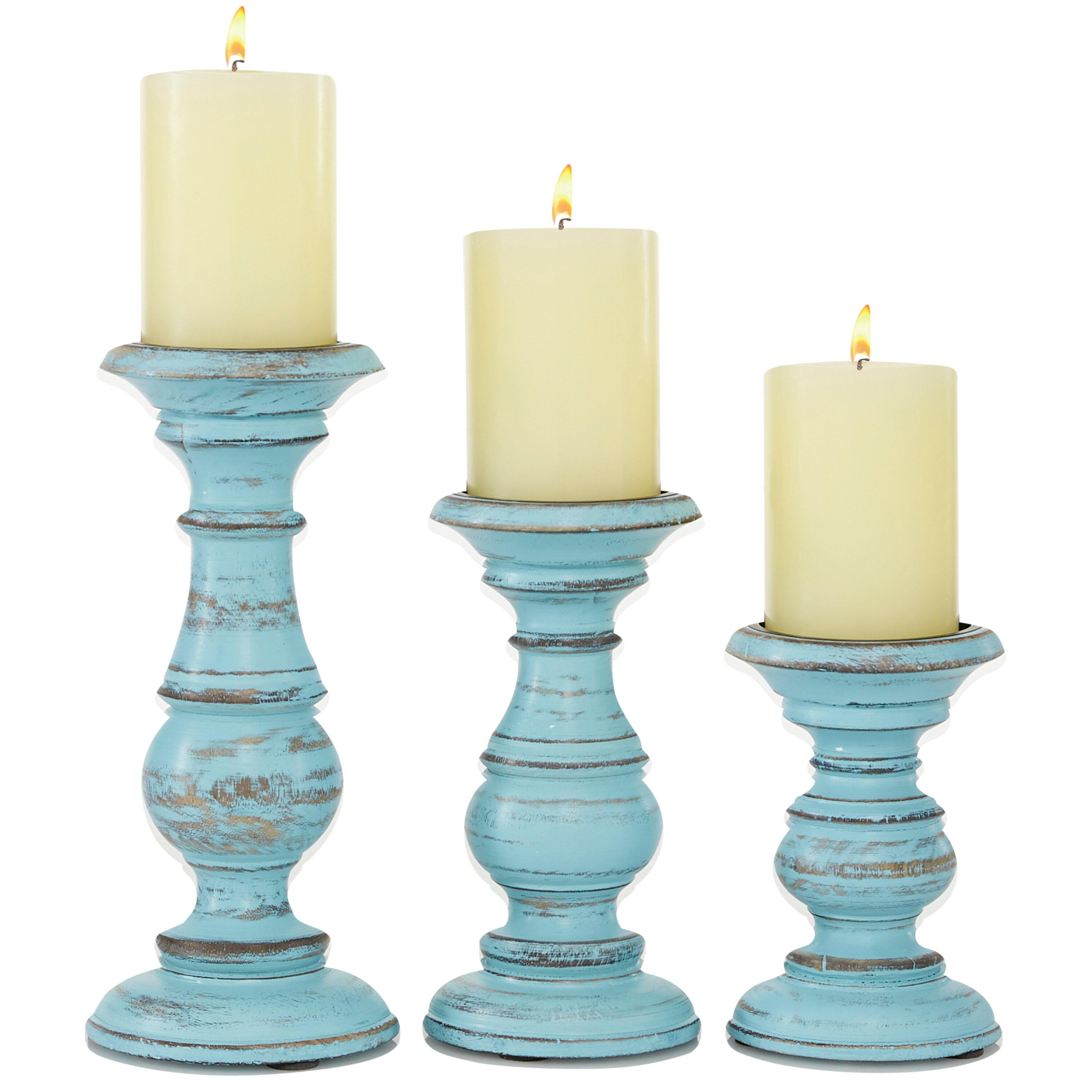 DecMode Traditional and Timeless Mango Wood Pillar Candle Holder Set of 3, 6", 8", 10"H, Light Blue Finish