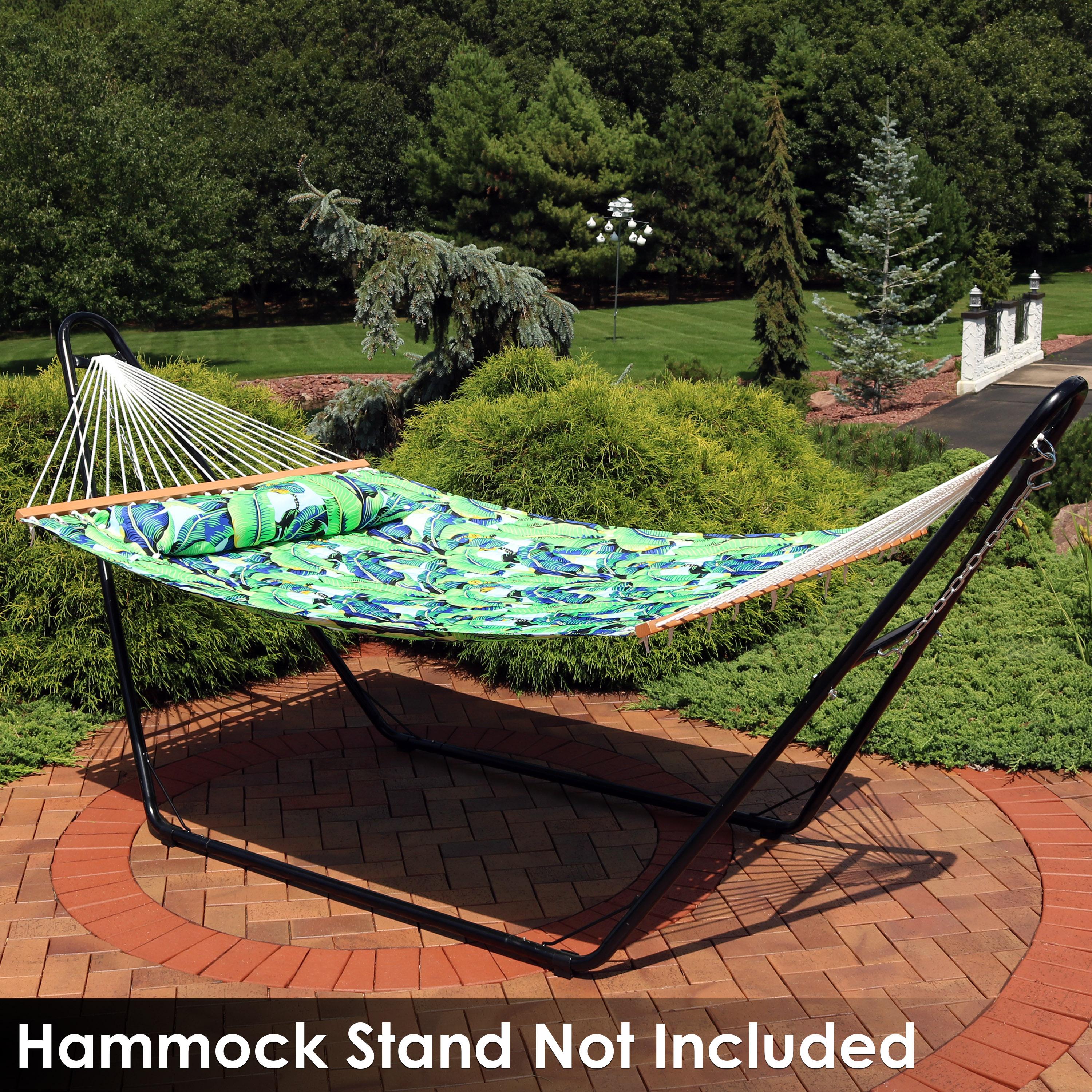 Sunnydaze 2-Person Quilted Printed Fabric Spreader Bar Hammock and Pillow with S Hooks and Hanging Chains - 450 lb Weight Capacity - Exotic Foliage